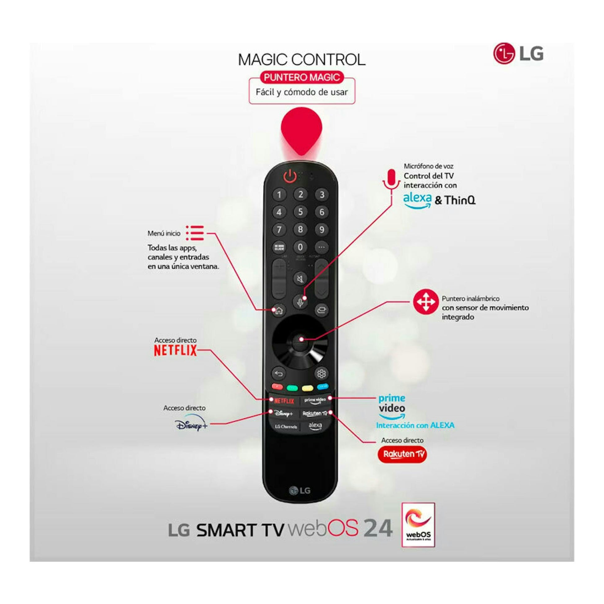 Mando LG Magic Control negro, vista frontal, con puntero rojo y accesos a Netflix, Disney+ y Alexa.