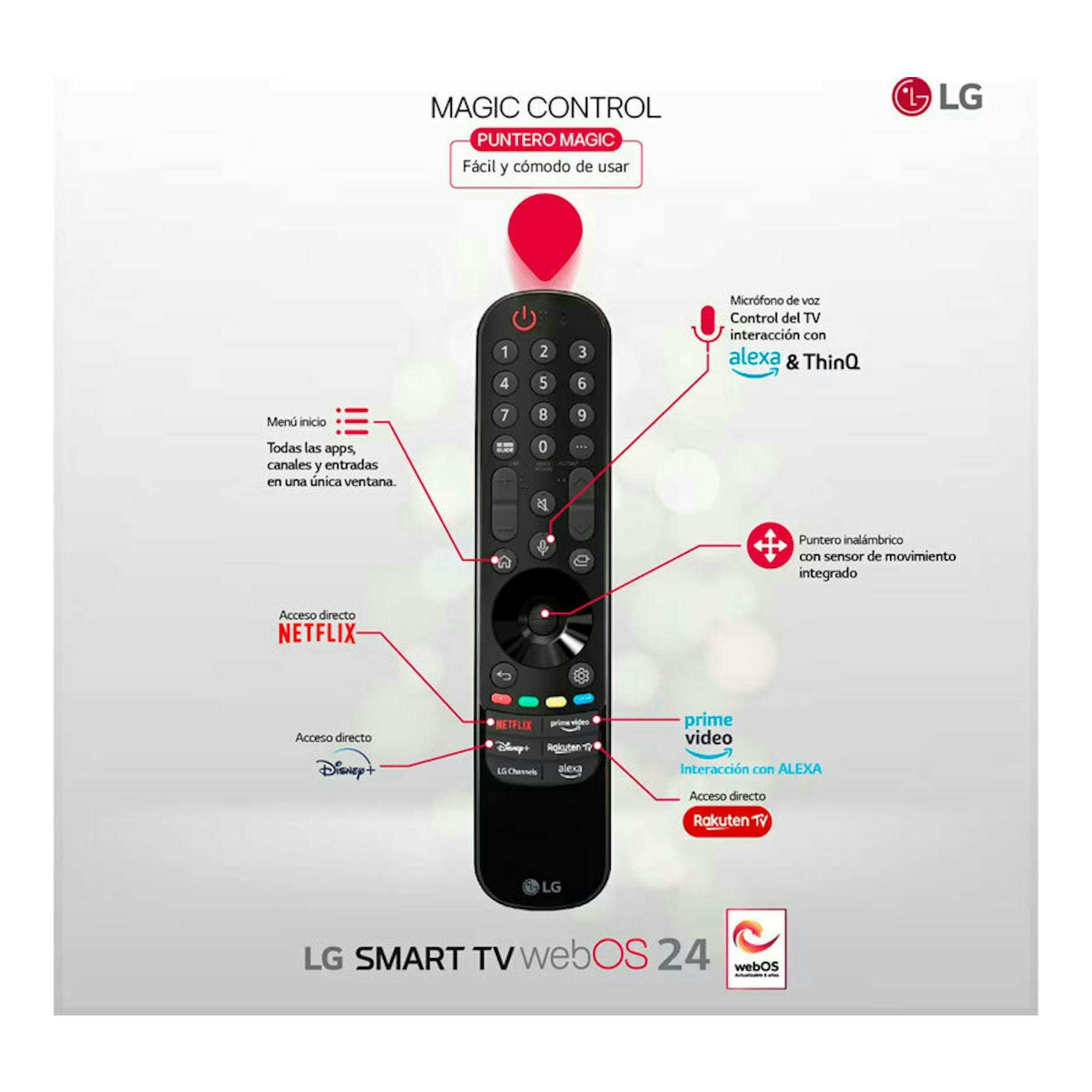 Mando LG Magic Control negro, vista frontal, con puntero rojo y accesos a Netflix, Disney+ y Alexa.