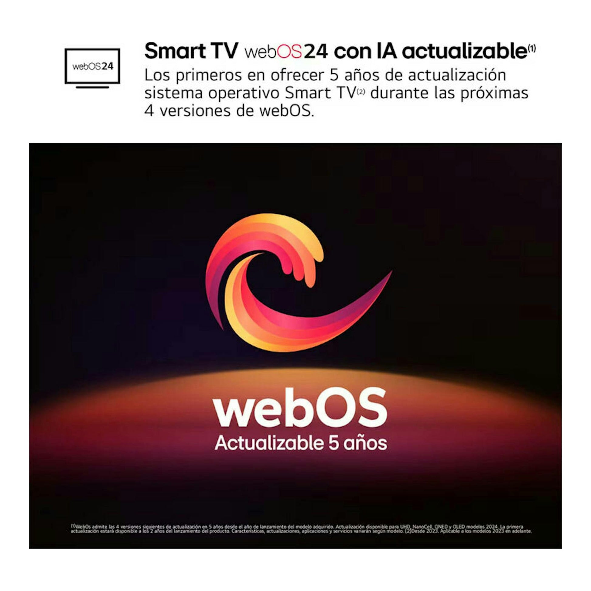 Gráfico promocional de LG OLED55C44LA.AEU con webOS 24 sobre fondo negro y texto de actualización de 5 años.