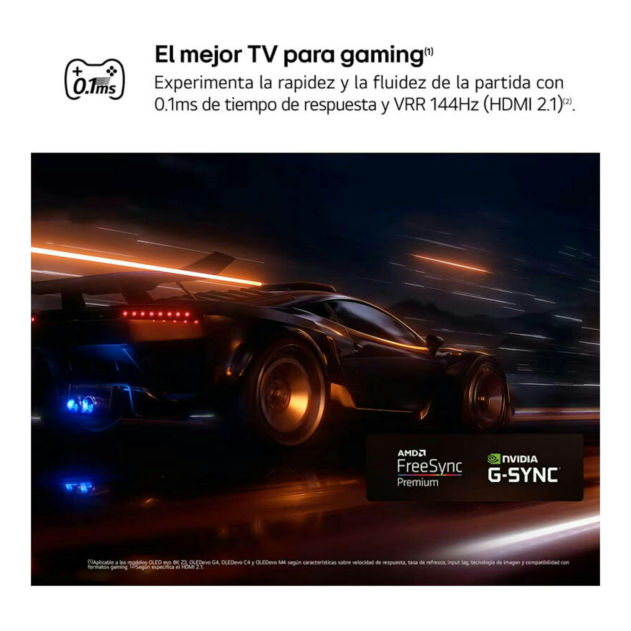 LG OLED55C44LA.AEU: anuncio con coche deportivo en movimiento, texto de gaming, 0,1 ms, VRR 144 Hz y G-SYNC.