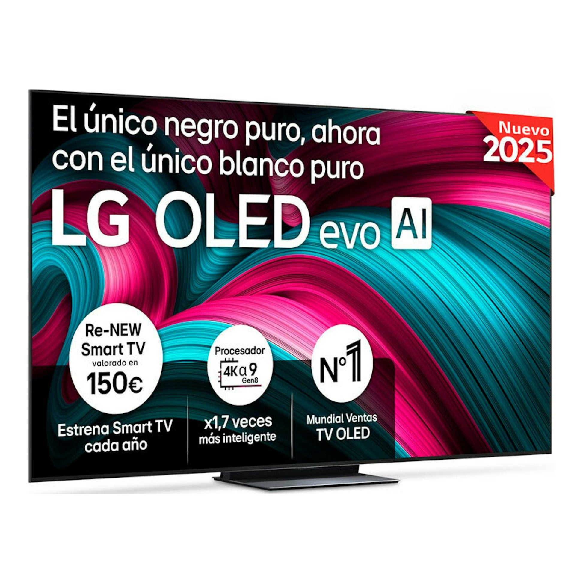 TV LG OLED55C54LA OLED evo AI, vista frontal, pantalla negra con gráfica rosa y azul y peana central.
