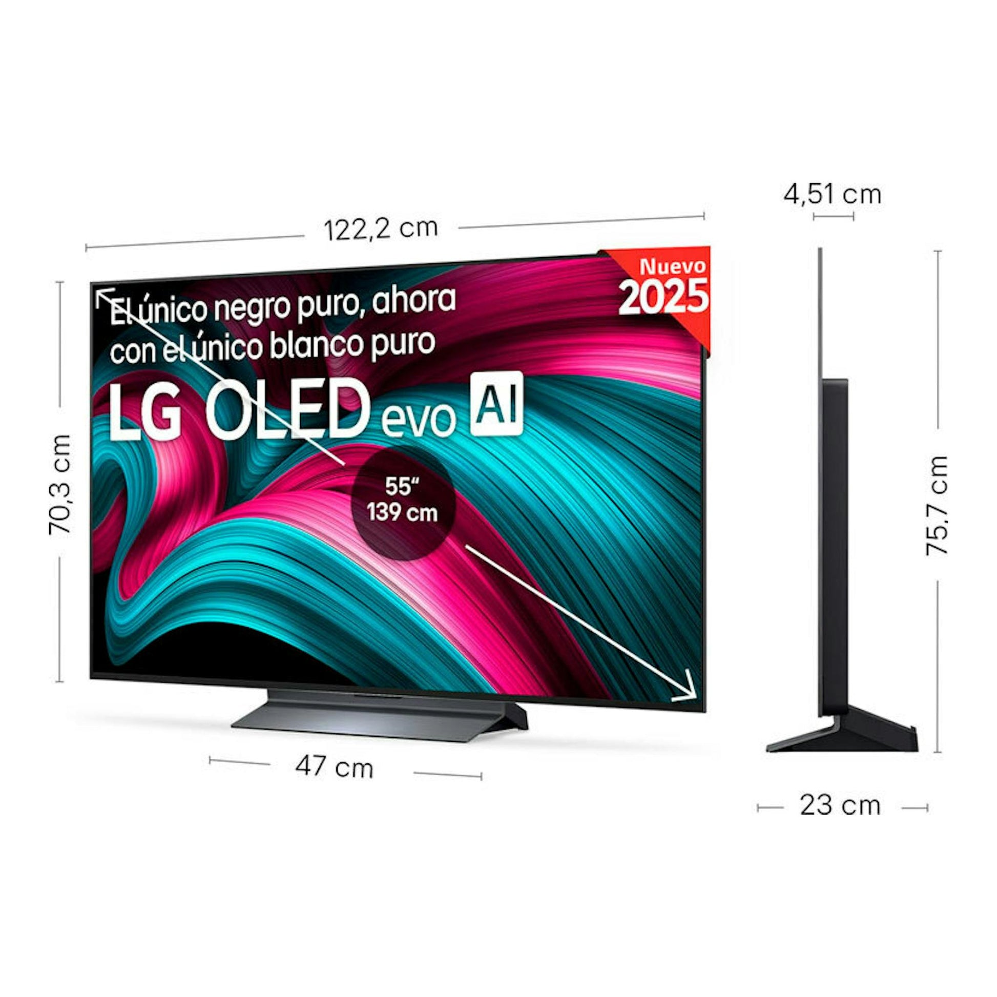 LG OLED55C54LA OLED evo AI de 55 pulgadas, vista frontal y lateral, pantalla negra con base gris.