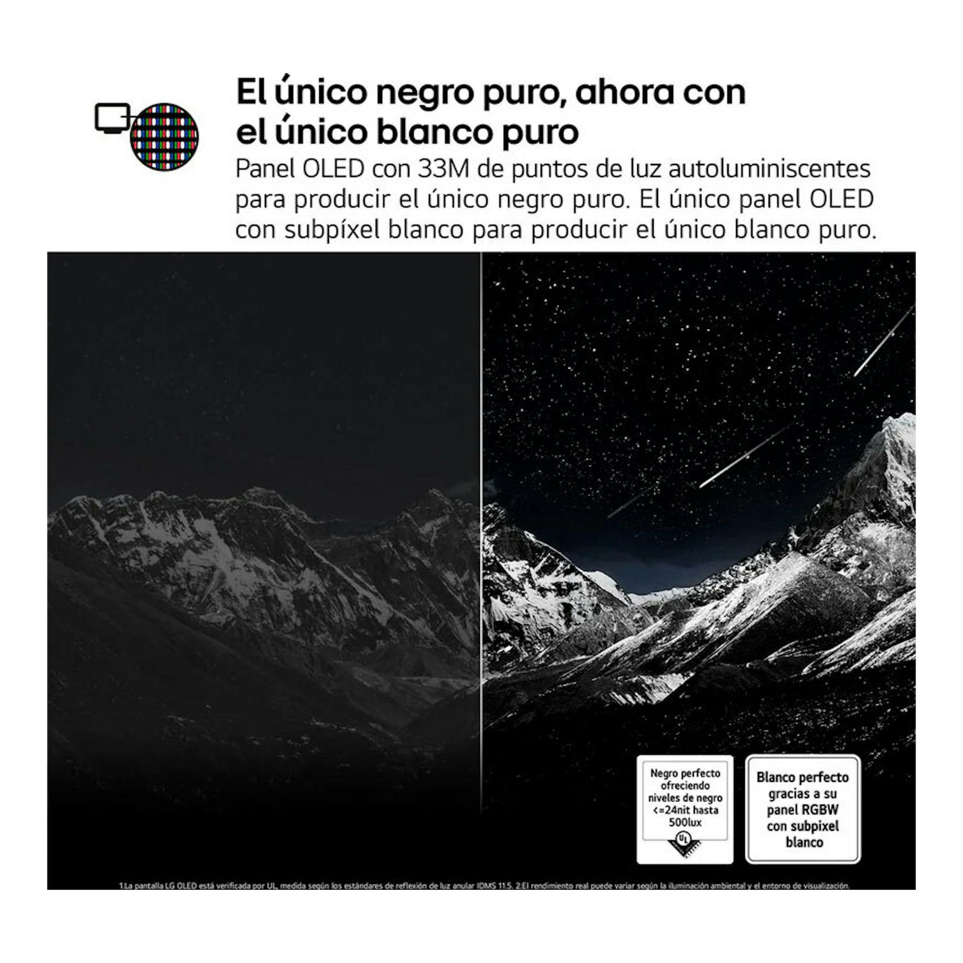 LG OLED55C54LA: gráfico en blanco y negro con paisaje montañoso dividido en dos mitades.