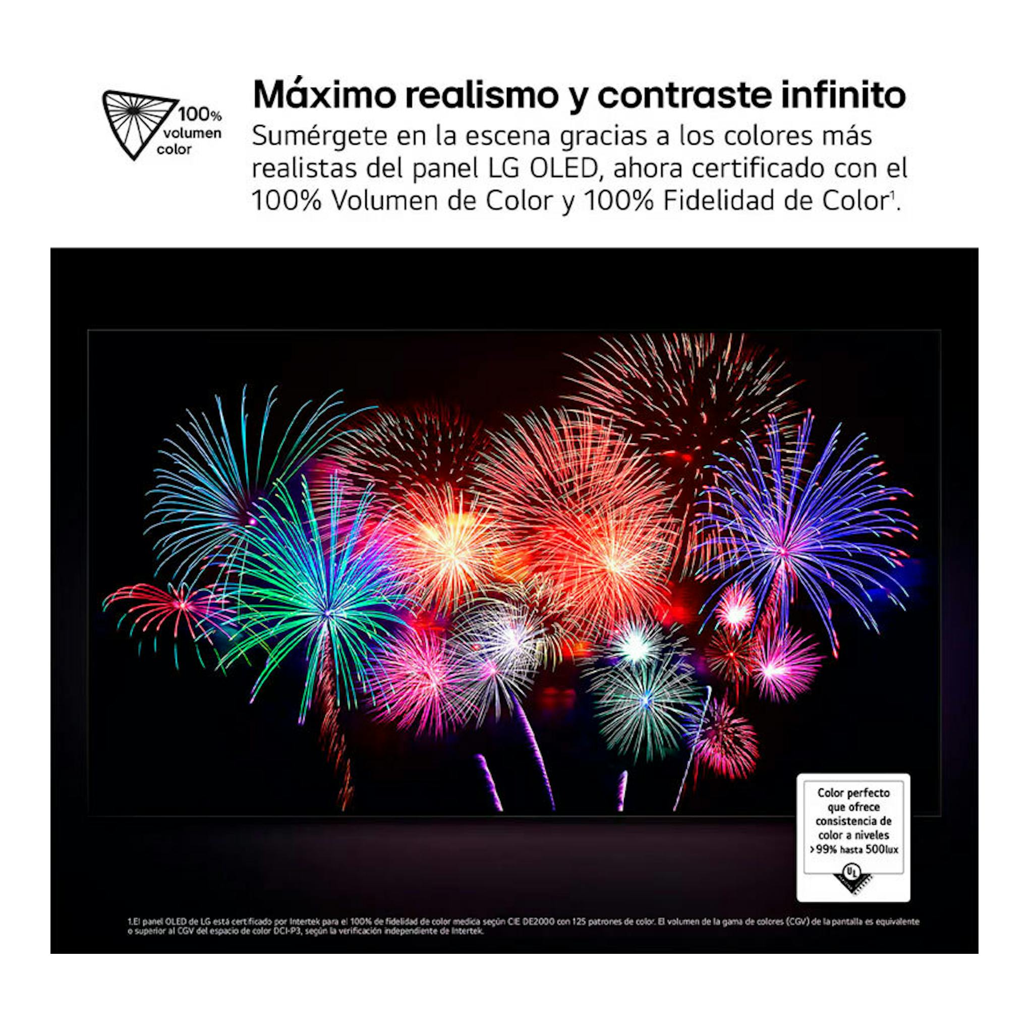 Anuncio frontal de TV LG OLED55C54LA con fuegos artificiales en pantalla y texto sobre color.