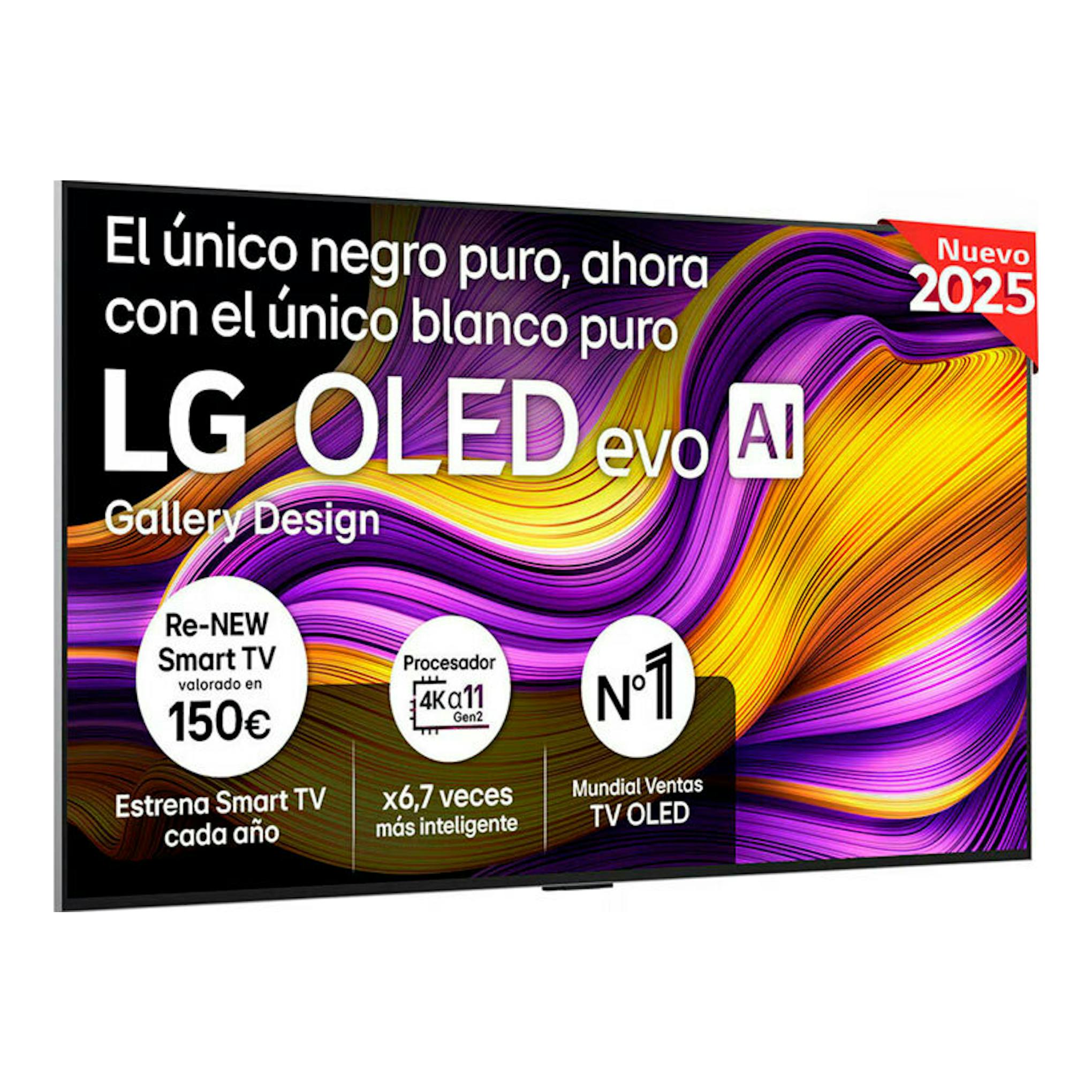 TV LG OLED55G54LW OLED evo 4K de 55", vista frontal inclinada, pantalla abstracta multicolor y sello 2025.