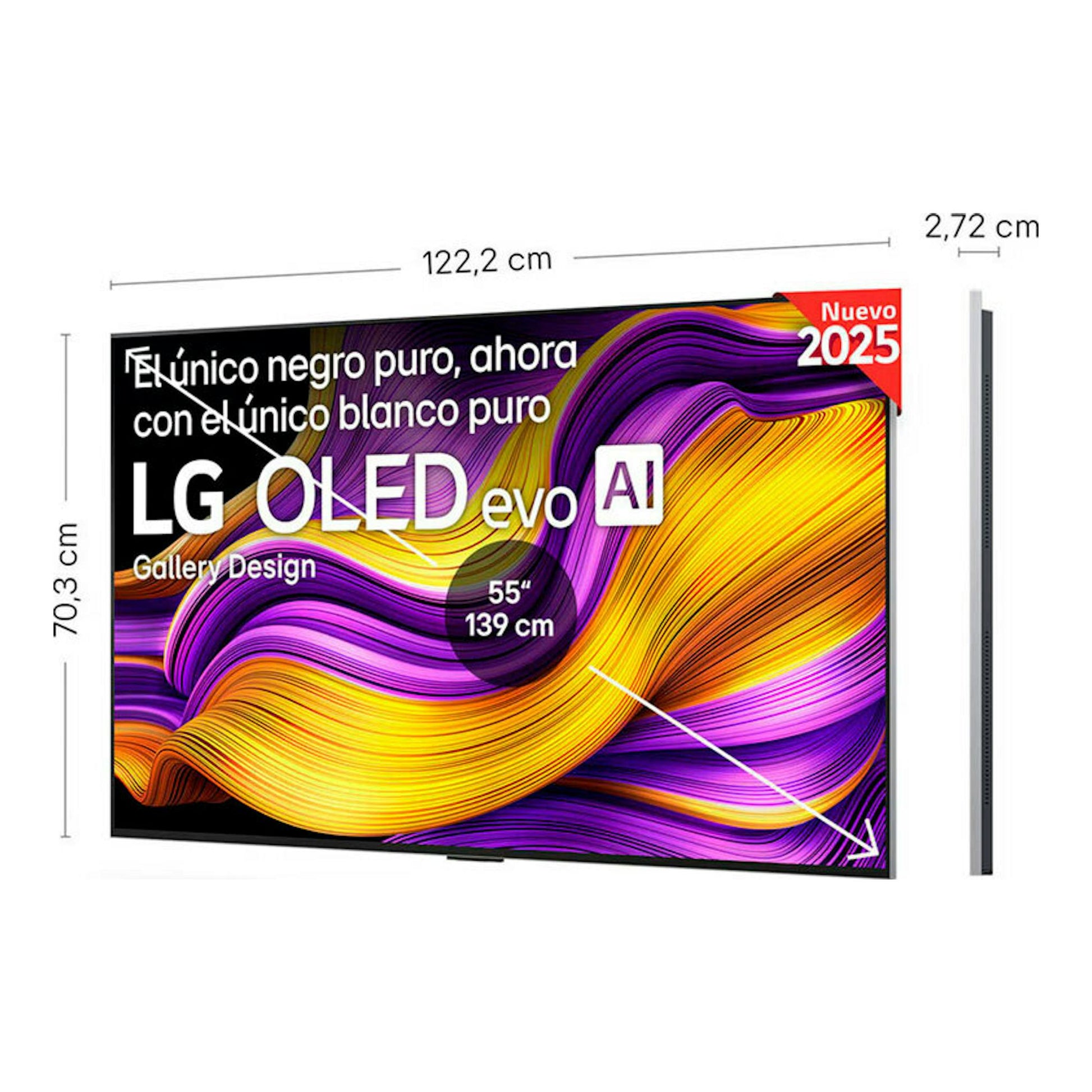 TV LG OLED55G54LW OLED evo AI de 55", vista frontal y lateral, en negro.