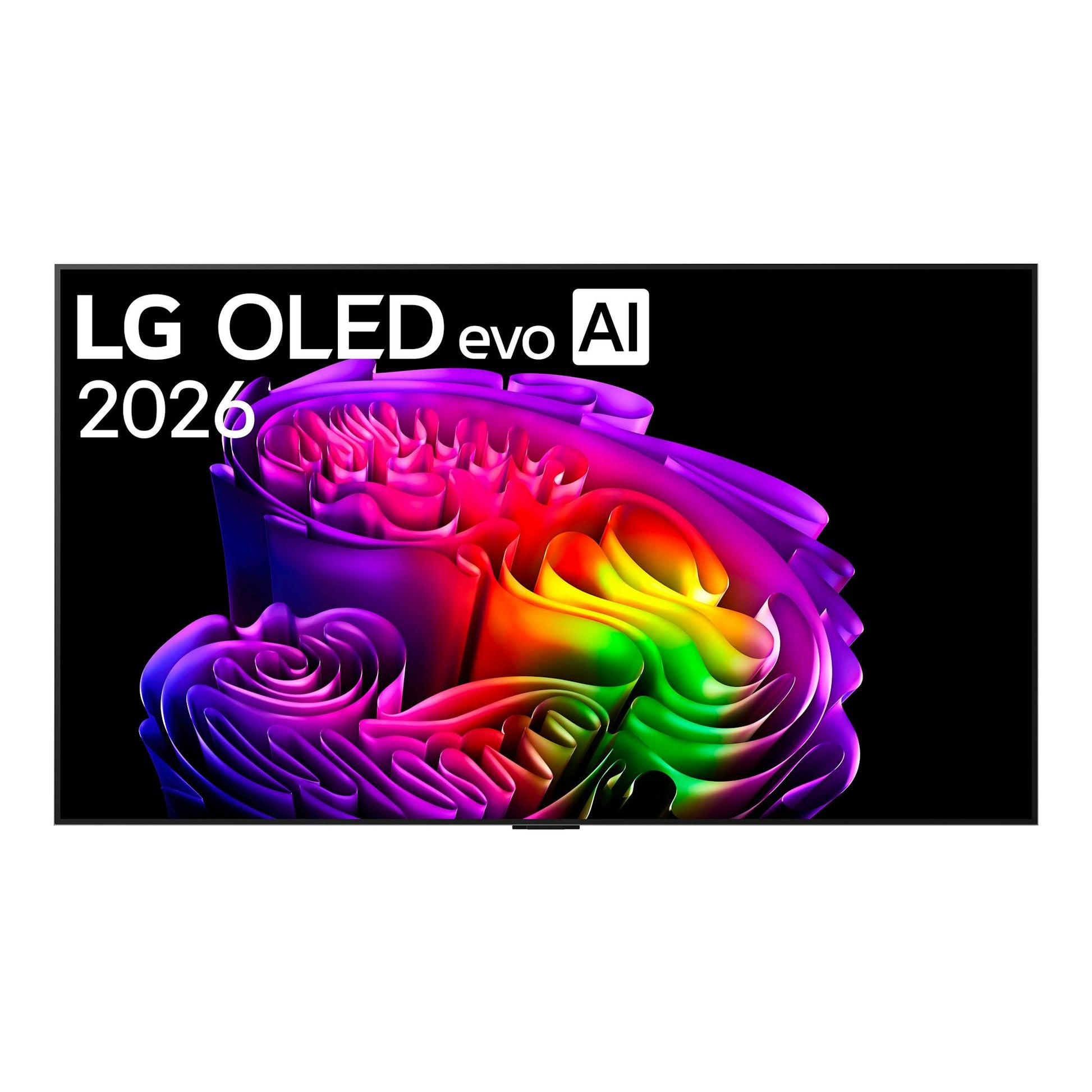 Televisor LG OLED55G64LW.AEU, vista frontal, marco negro y pantalla con gráfico abstracto multicolor.