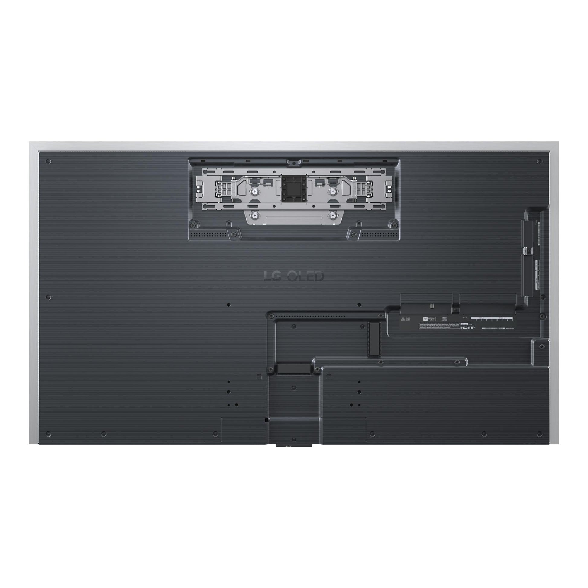 Vista trasera de televisor LG OLED55G64LW.AEU, negro y gris, con soporte VESA y conectores.