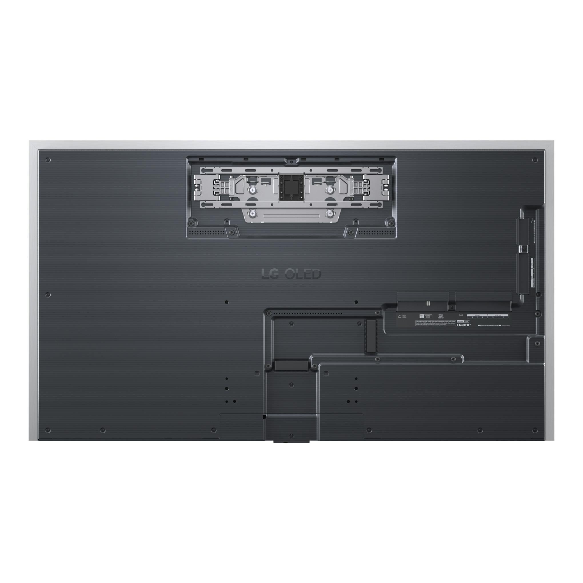 Vista trasera de televisor LG OLED55G64LW.AEU, negro y gris, con soporte VESA y conectores.