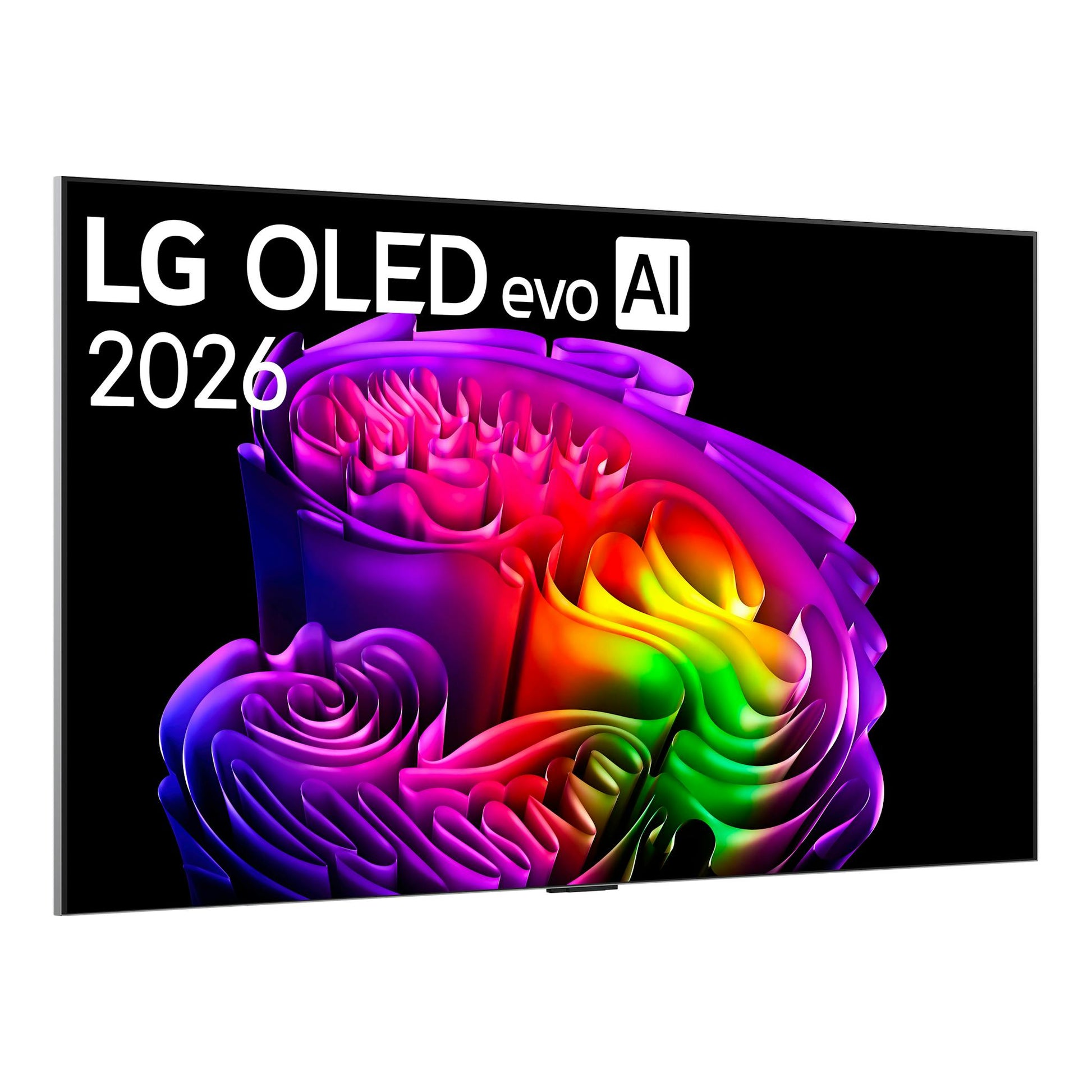 Televisor LG OLED evo AI 2026, vista frontal inclinada, pantalla negra con gráfico multicolor.