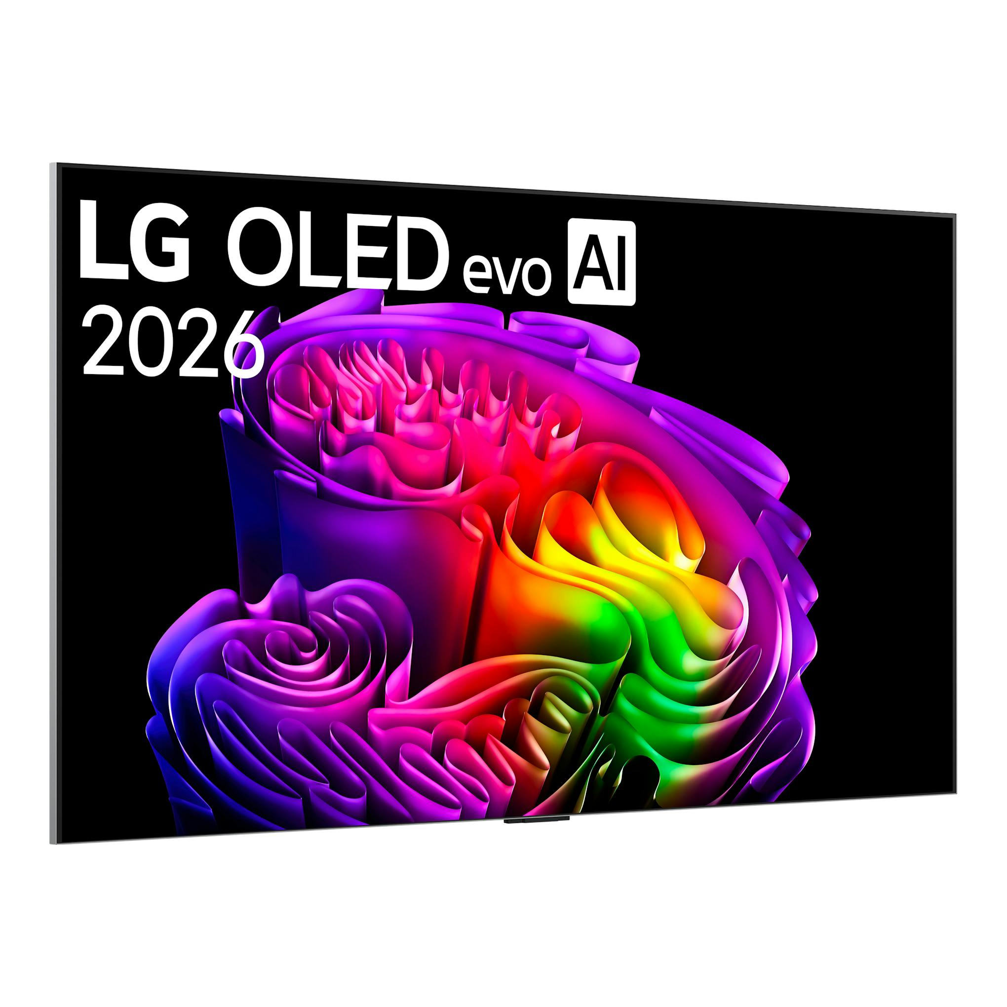 Televisor LG OLED evo AI 2026, vista frontal inclinada, pantalla negra con gráfico multicolor.