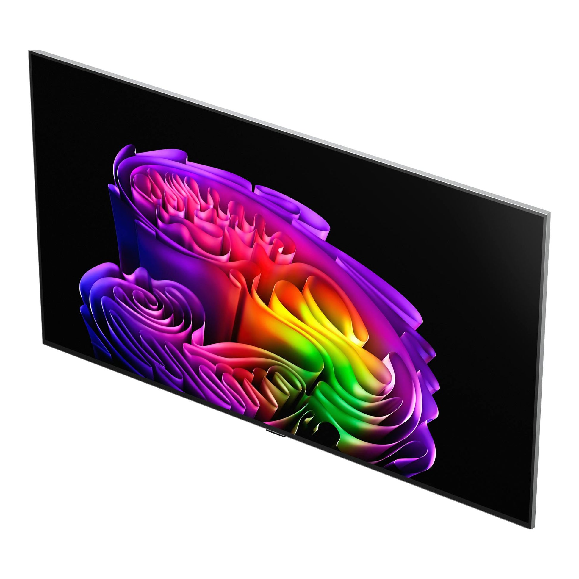 Televisor LG OLED55G64LW.AEU, en ángulo sobre fondo blanco, con pantalla negra y gráfico abstracto multicolor.