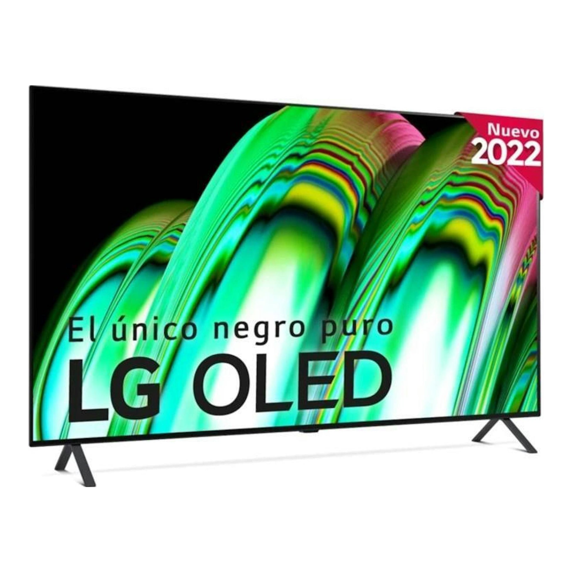 TV LG OLED65A26LA, vista frontal, pantalla negra con imagen abstracta verde y rosa, soporte de patas.