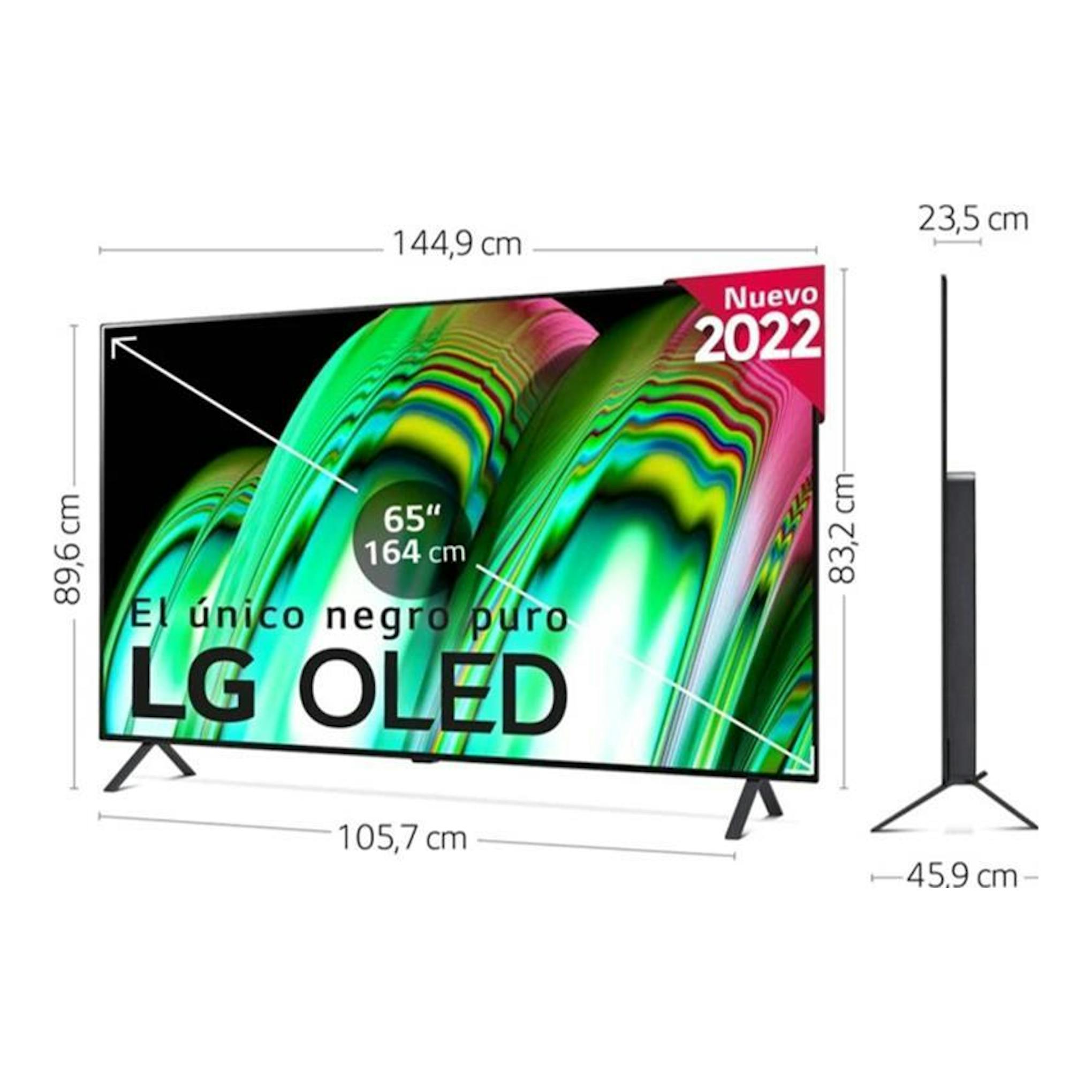 TV LG OLED65A26LA OLED 65”, negra, vista frontal y lateral, con medidas y soporte de patas.