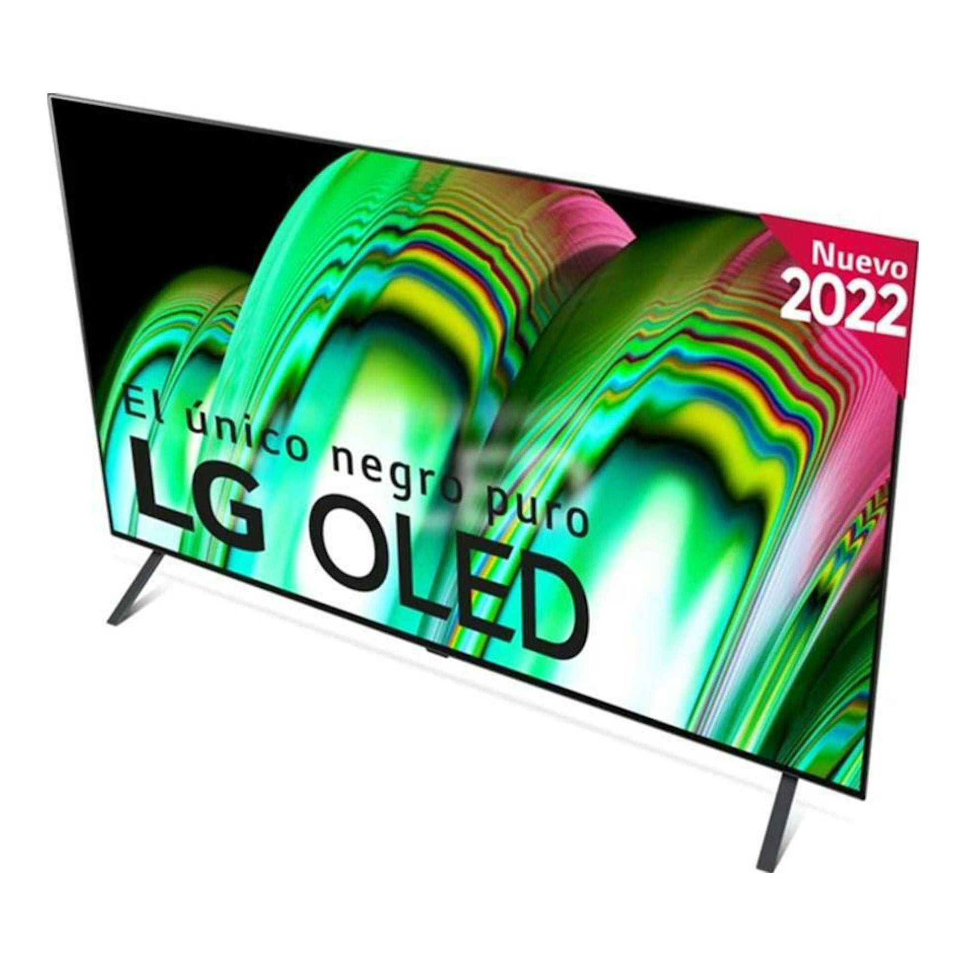 Televisor LG OLED 65'' negro, vista en ángulo sobre fondo blanco, con dos patas laterales.
