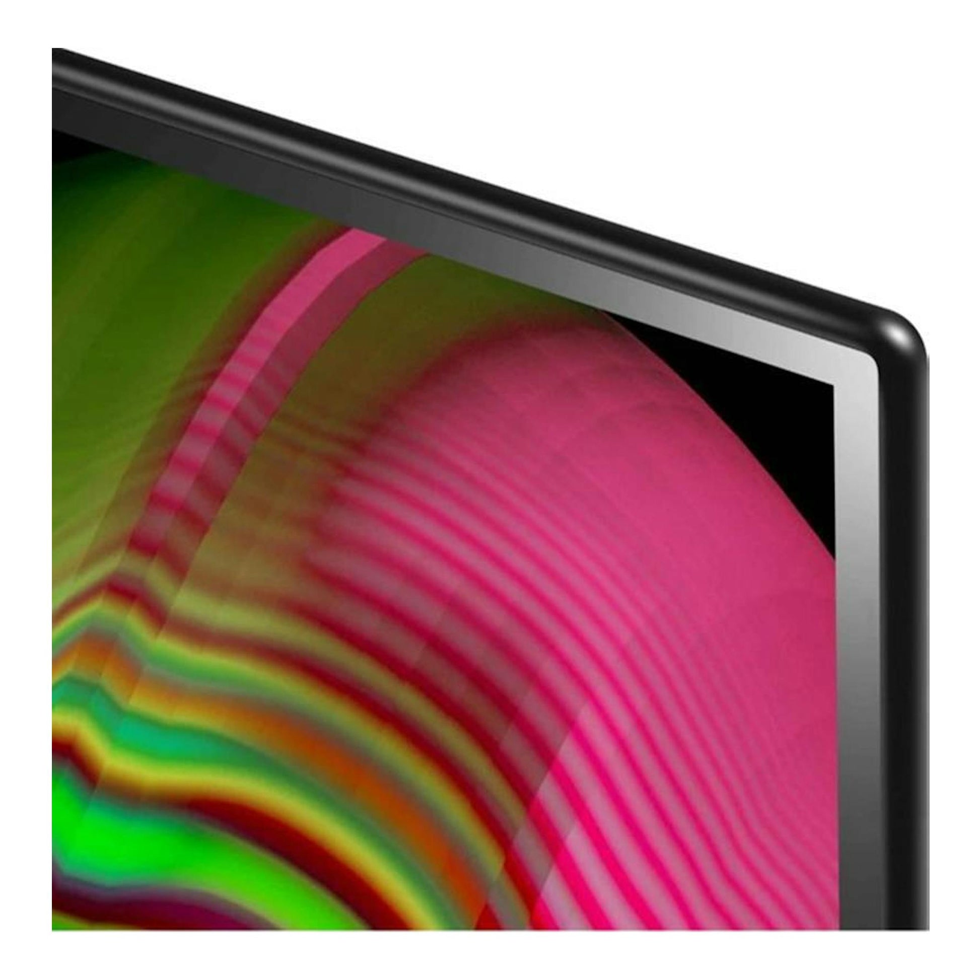 TV LG OLED65A26LA negra, vista en ángulo del borde superior derecho y pantalla con imagen abstracta de colores.