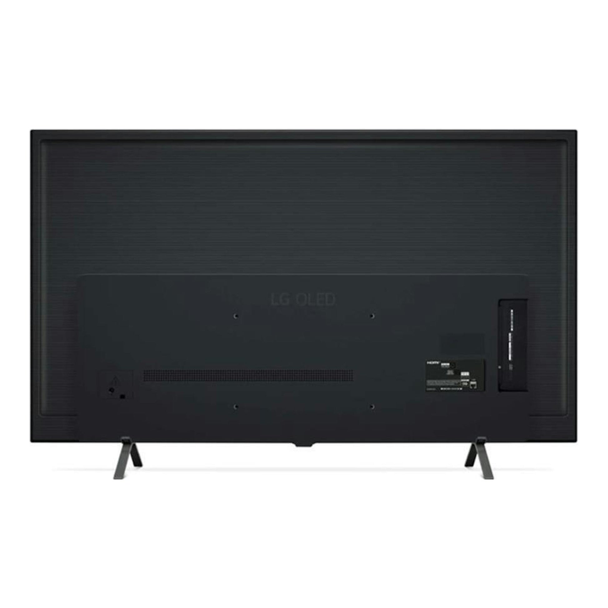 Vista trasera de un televisor LG OLED65A26LA negro, con peanas laterales.