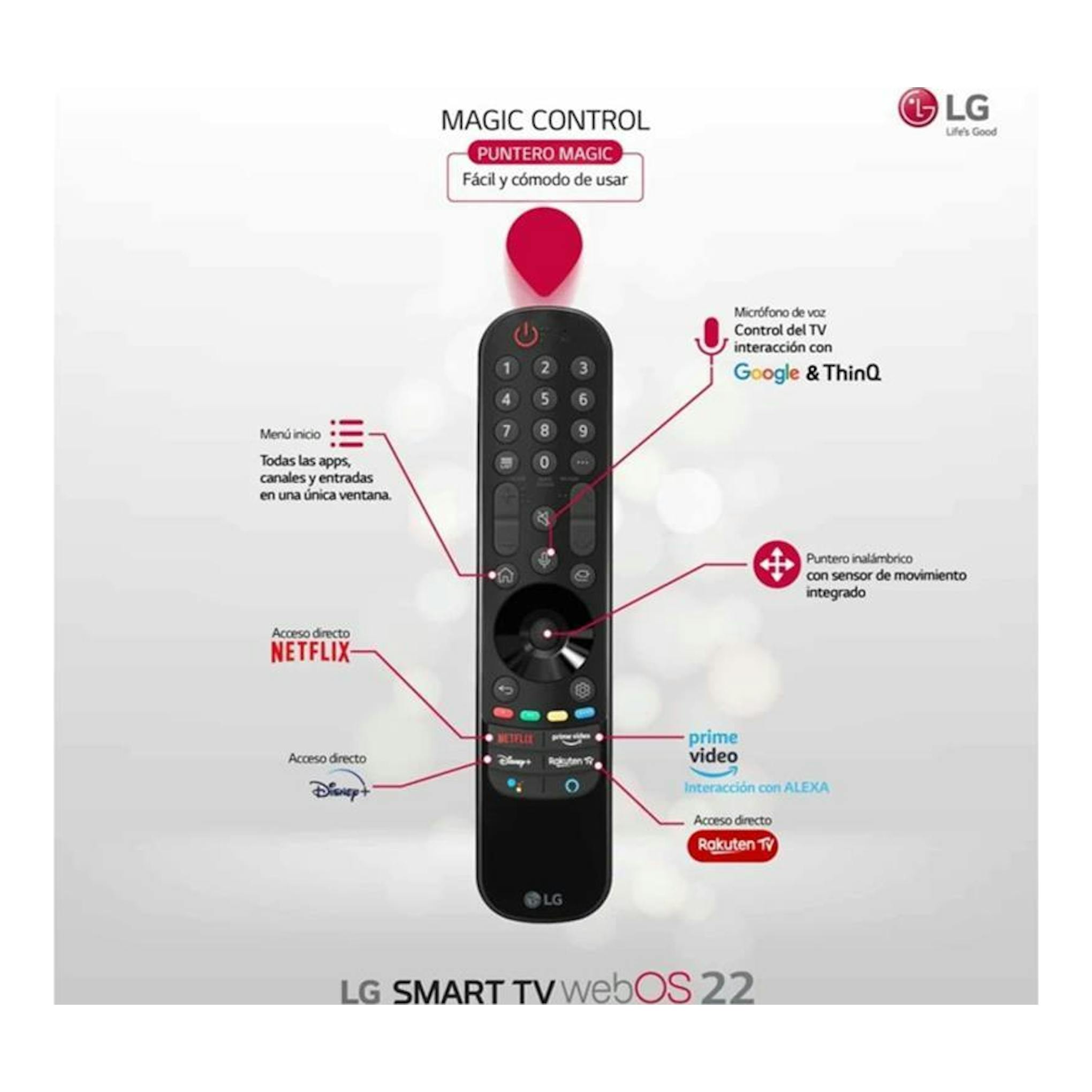 Mando LG Magic Control negro, vista frontal, con botones numéricos, puntero y accesos a Netflix, Disney+ y Prime Video.