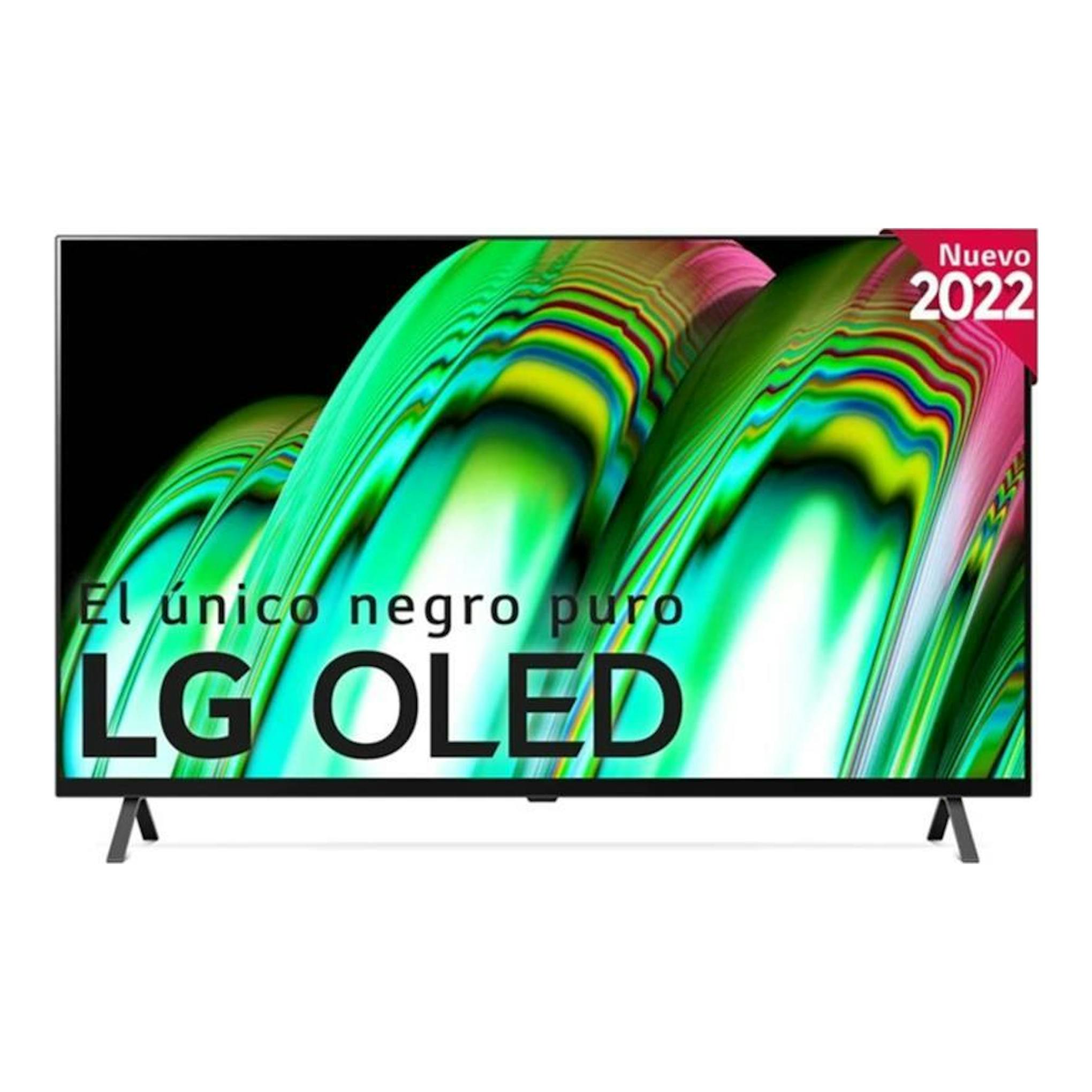 TV LG OLED65A26LA en vista frontal, con marco negro, pantalla abstracta multicolor y patas laterales.