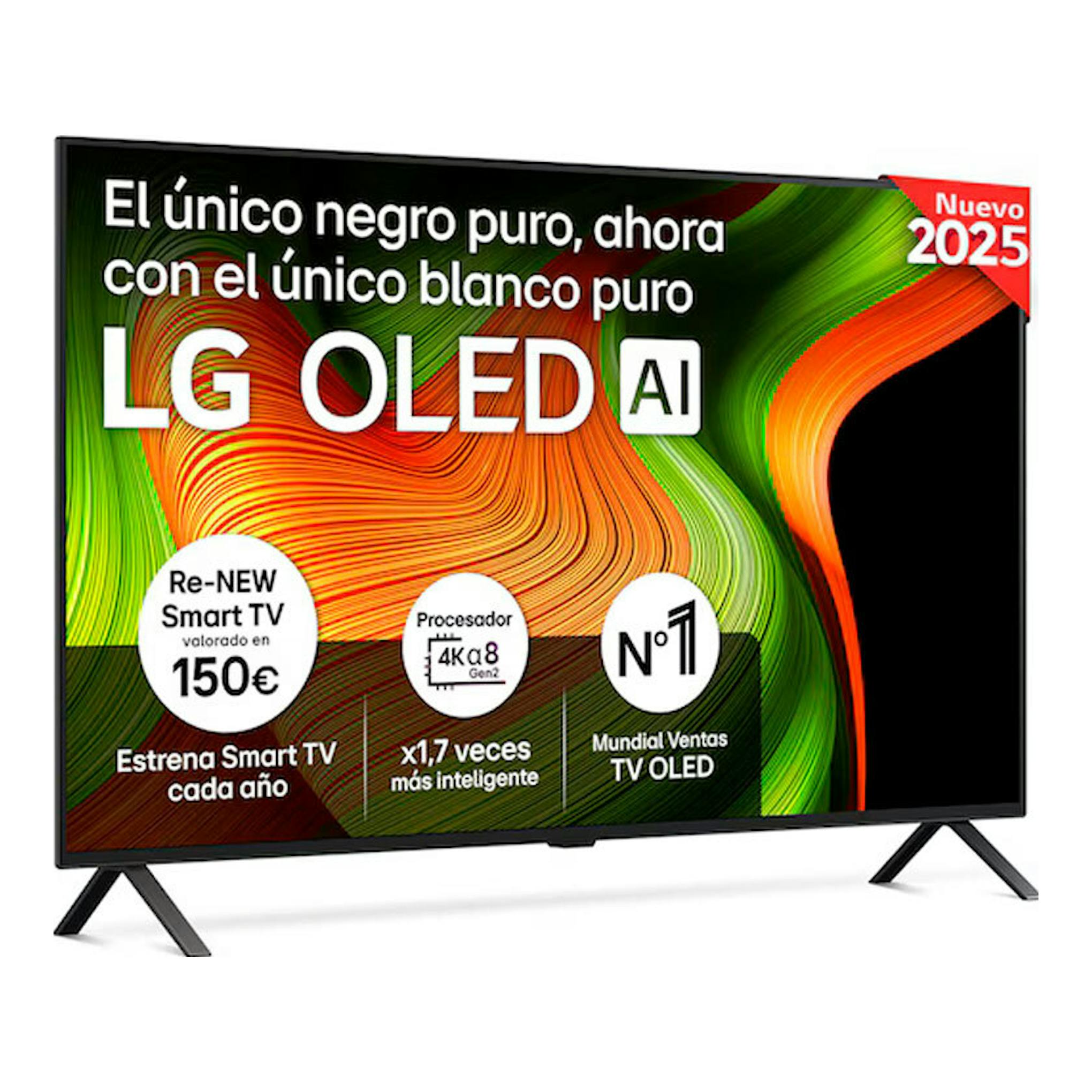 TV LG OLED65B56LA negra, vista frontal, con pantalla encendida y mensaje promocional de LG OLED AI.