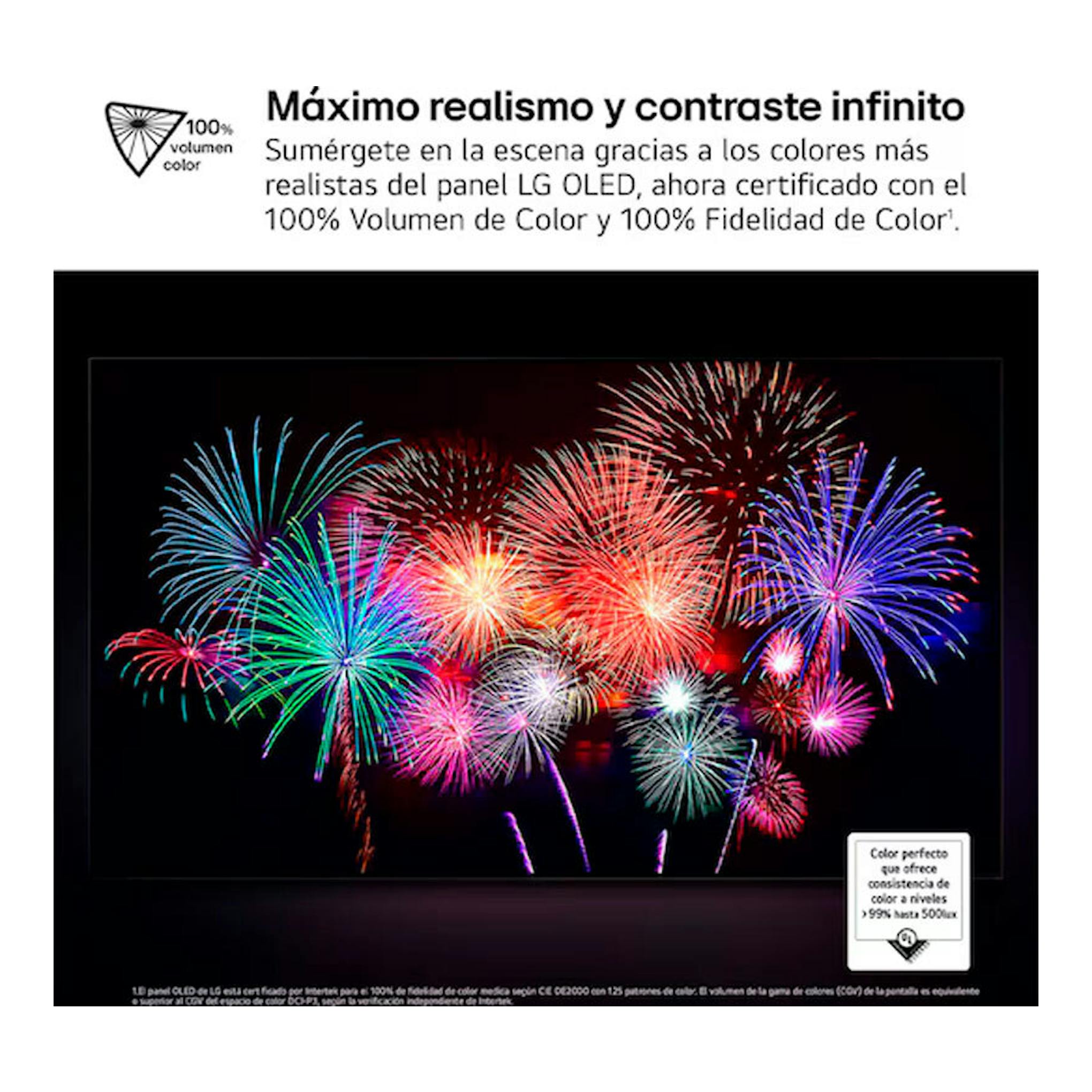 Gráfico promocional de una TV LG OLED con fuegos artificiales y texto sobre volumen y fidelidad de color.