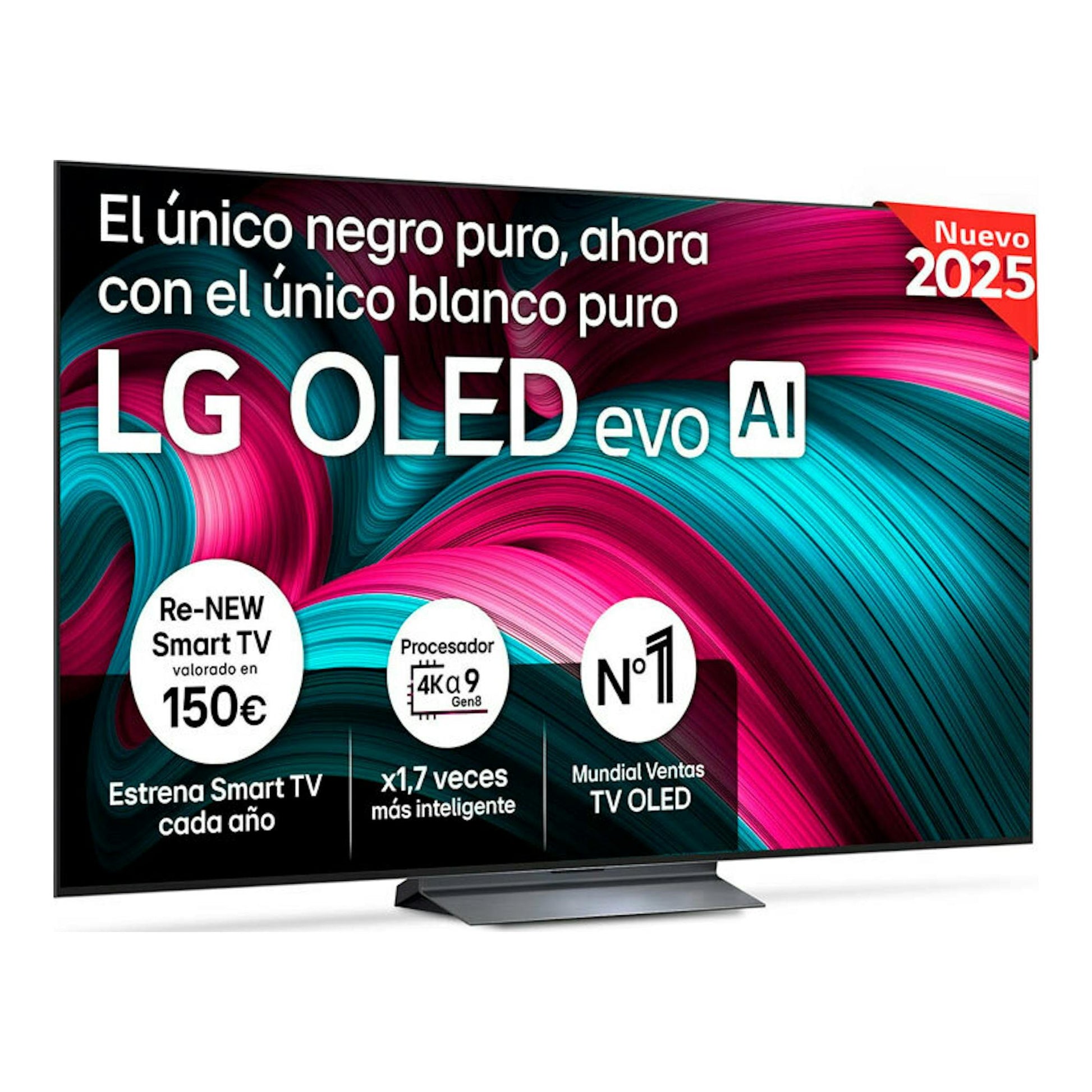 TV LG OLED65C54LA OLED evo AI, vista frontal en ángulo, con fondo gráfico multicolor y base negra.