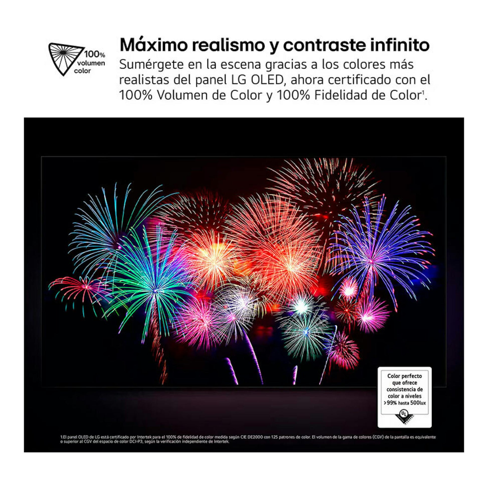 Banner de LG OLED65C54LA OLED Evo 4K con fuegos artificiales en pantalla y texto sobre volumen de color.