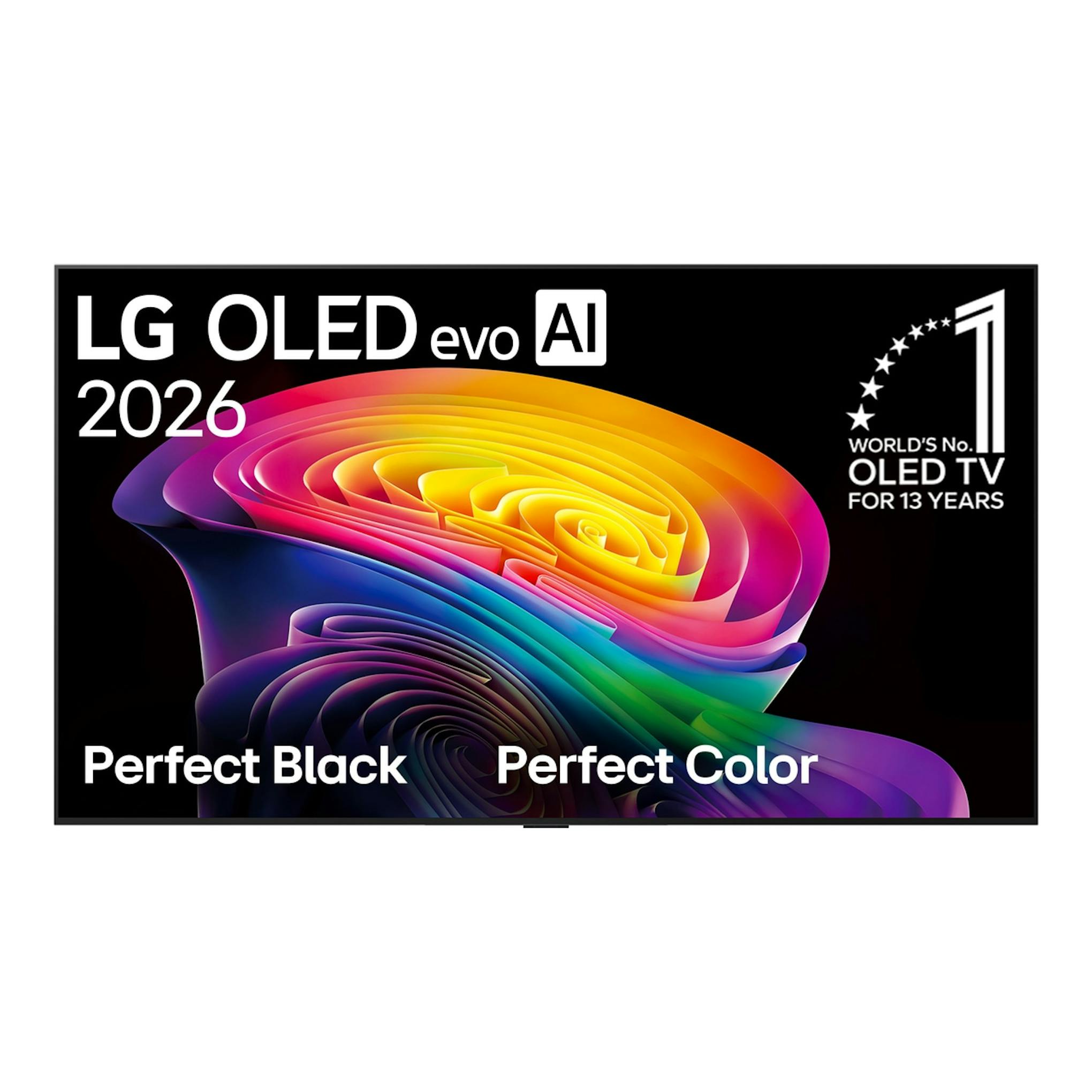 Televisor LG OLED evo AI 2026, vista frontal, pantalla negra con gráfico multicolor.