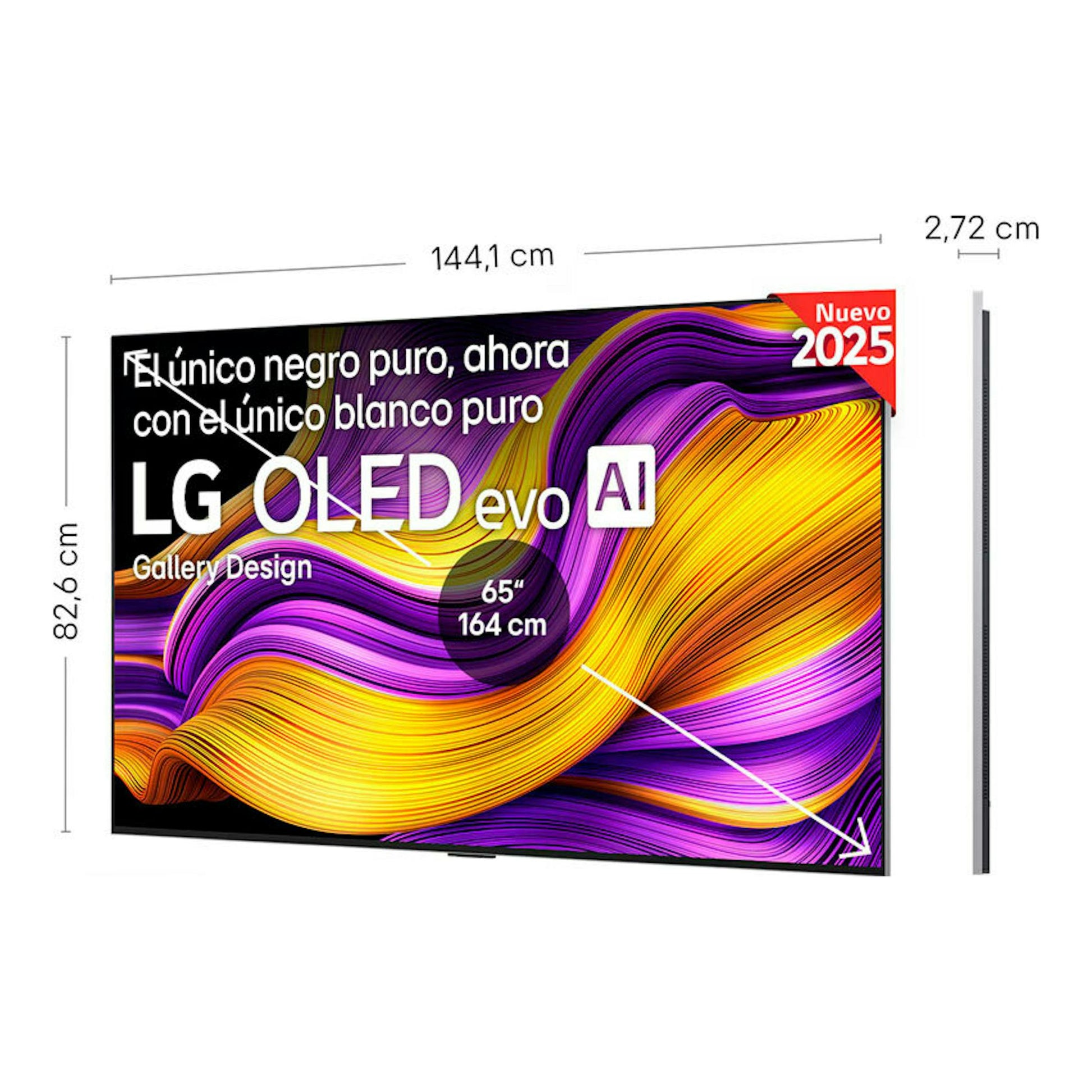 TV LG OLED65G54LW OLED evo AI de 65", vista frontal y lateral, negra, con pantalla multicolor.