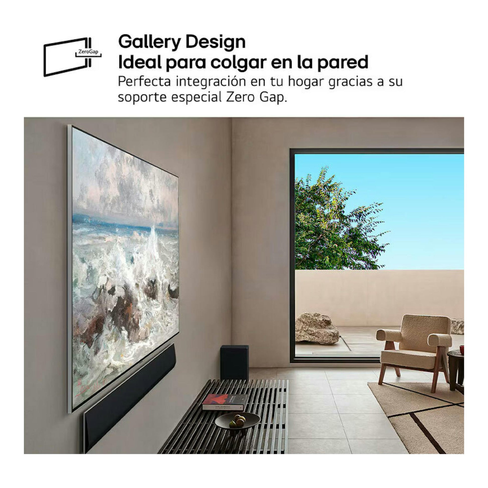 TV LG OLED65G54LW OLED Evo 4K de 65 pulgadas, vista lateral, montado en pared con diseño Gallery Zero Gap.