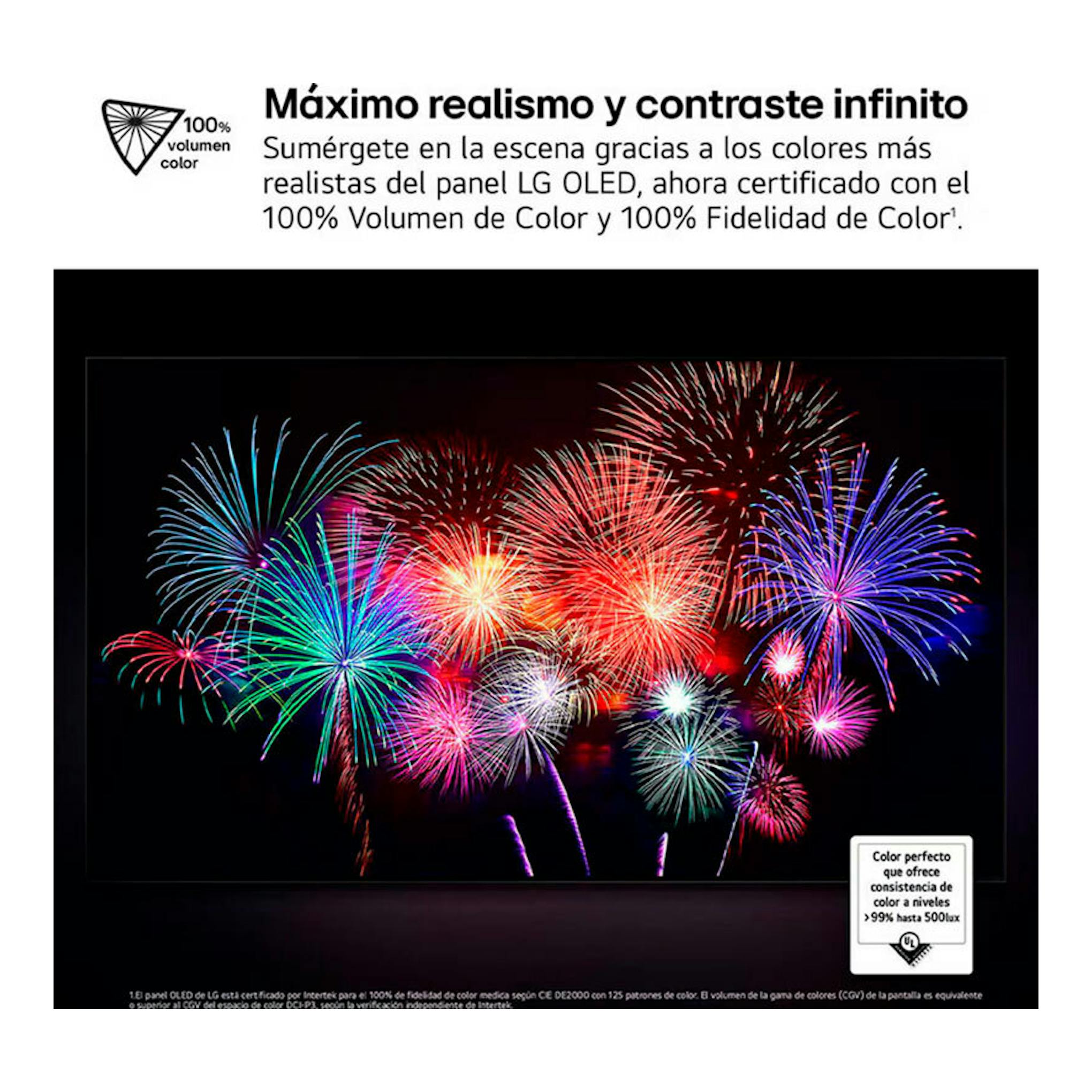 Vista frontal de un televisor LG OLED65G54LW negro con fuegos artificiales en pantalla y texto en español.