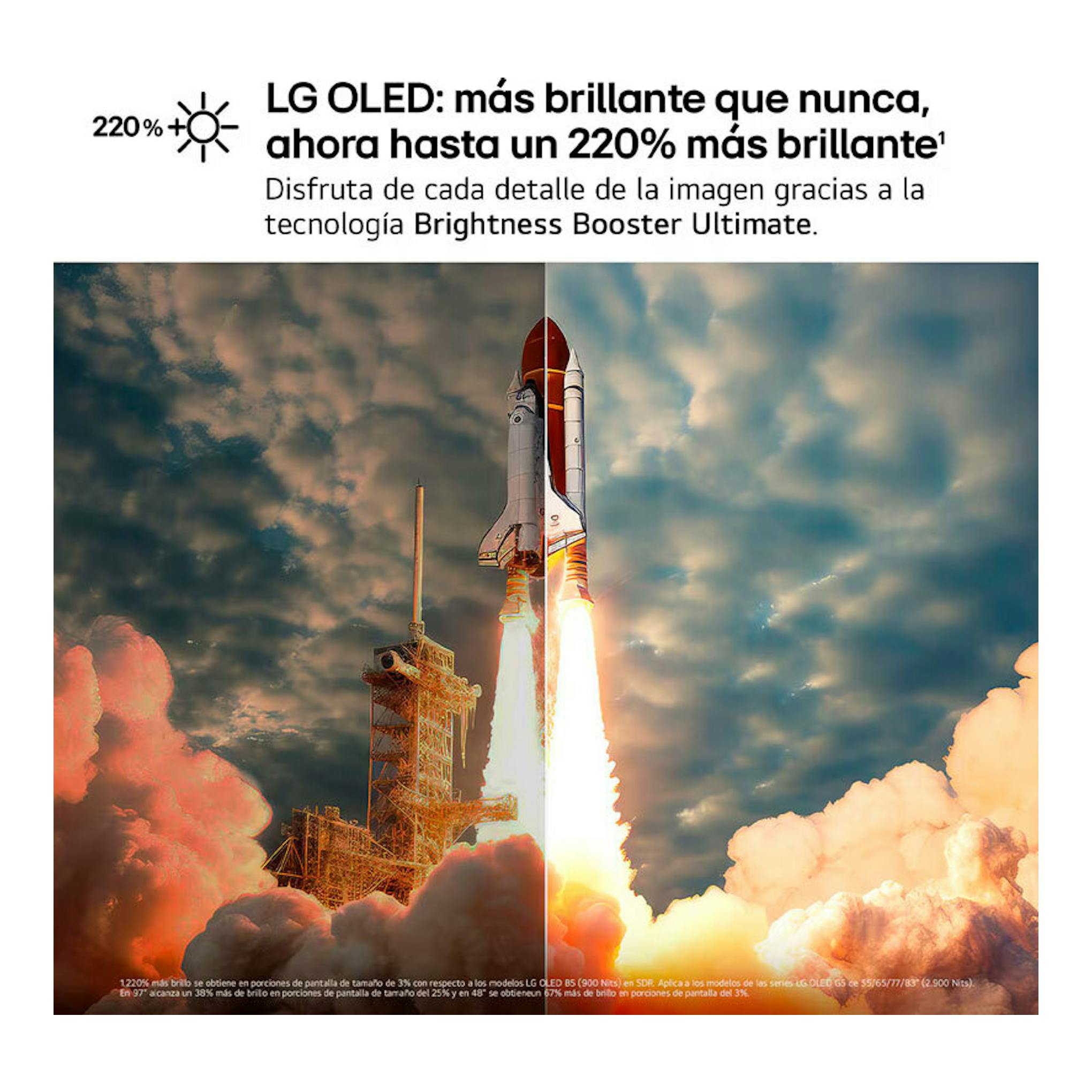 Anuncio de LG OLED con cohete despegando en pantalla dividida verticalmente y texto promocional en la parte superior.