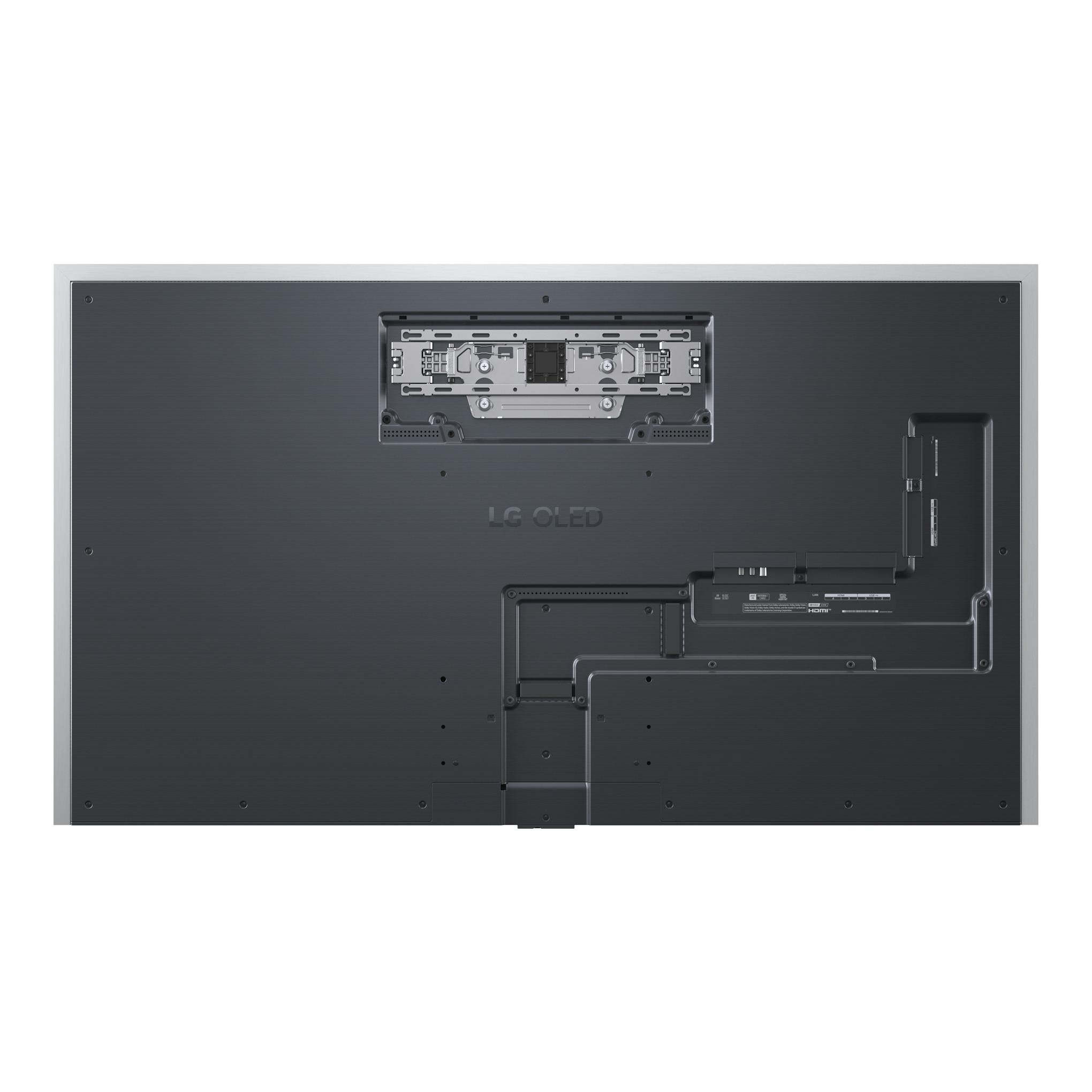 TV LG OLED65G64LW.AEU, vista trasera en negro, con soportes y conectores visibles.