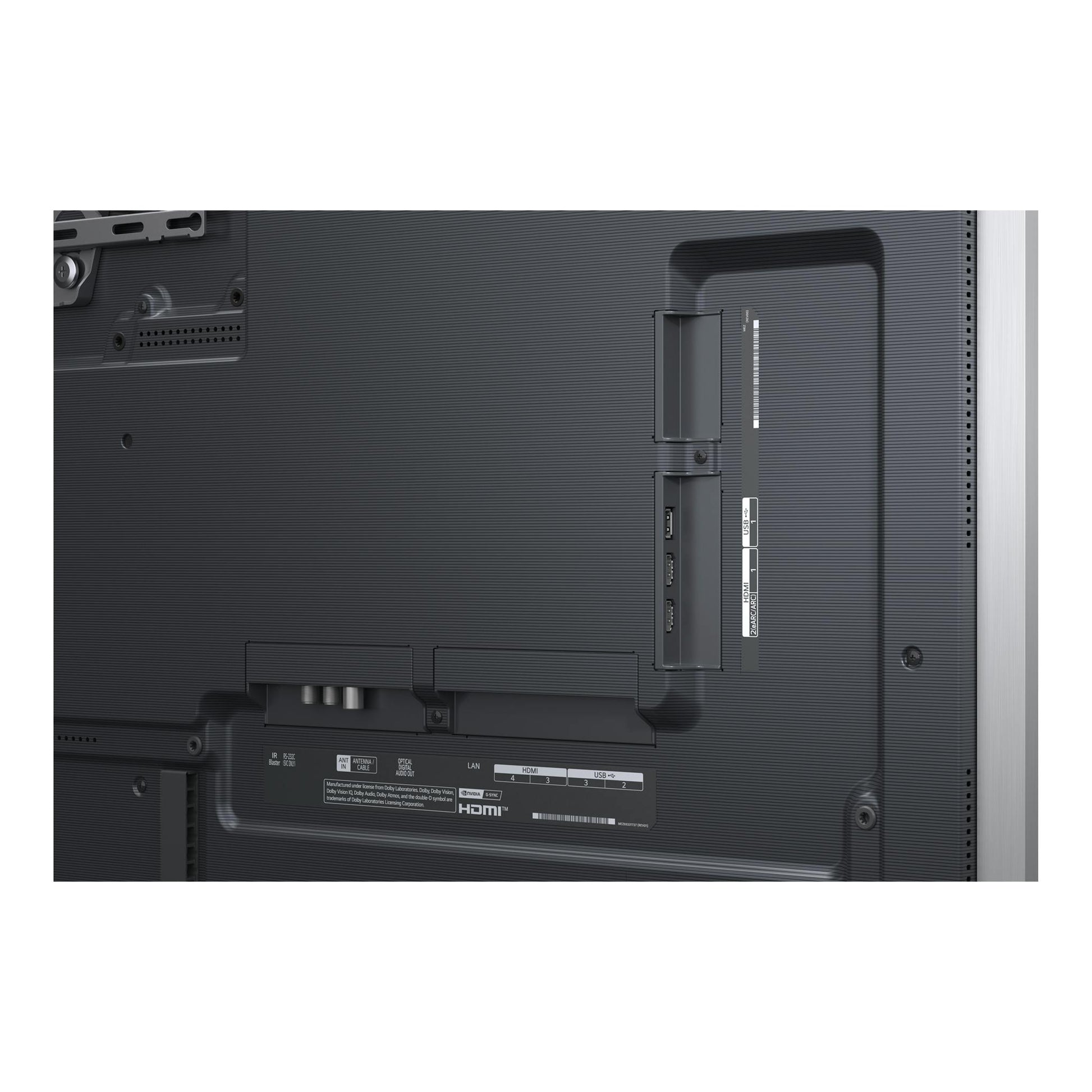Parte trasera de TV LG OLED65G64LW.AEU en color negro, con puertos HDMI y USB visibles.