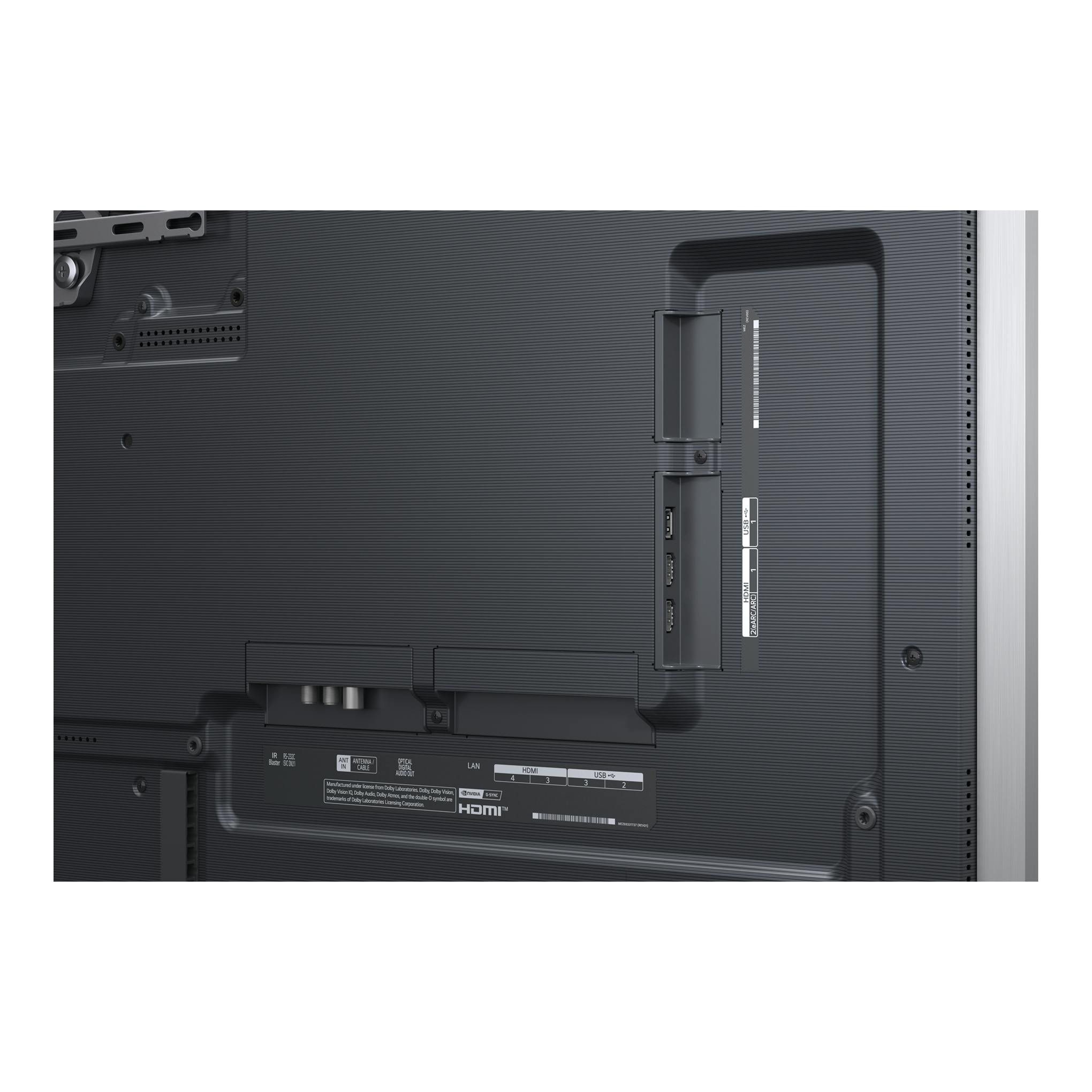 Parte trasera de TV LG OLED65G64LW.AEU en color negro, con puertos HDMI y USB visibles.