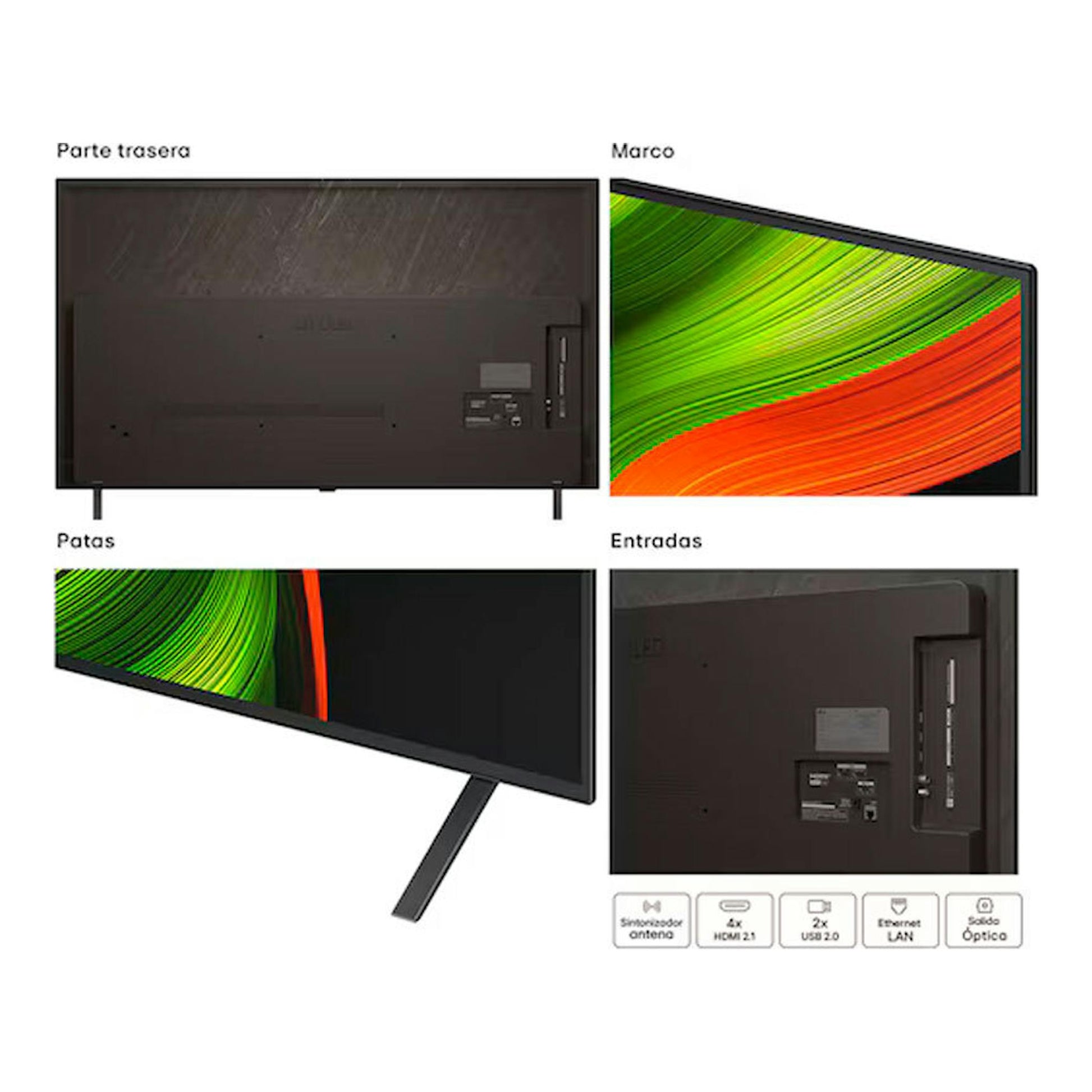 TV LG OLED77B56LA negra, collage con vista trasera, lateral y de puertos; patas inclinadas.