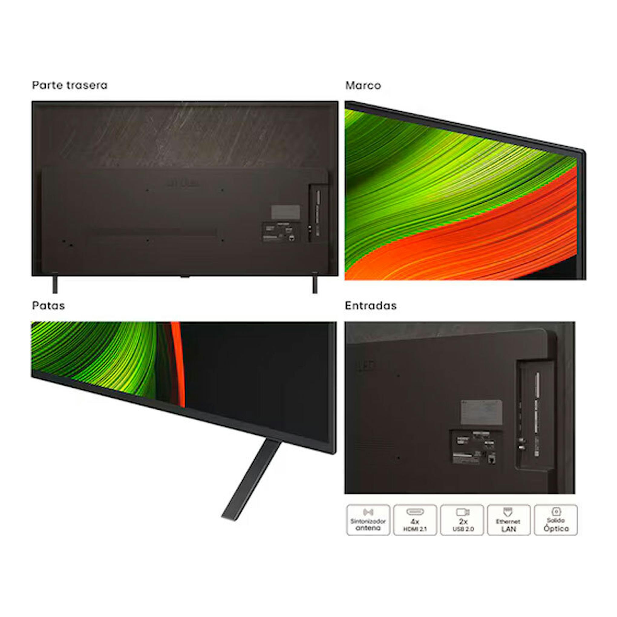 TV LG OLED77B56LA negra, collage con vista trasera, lateral y de puertos; patas inclinadas.