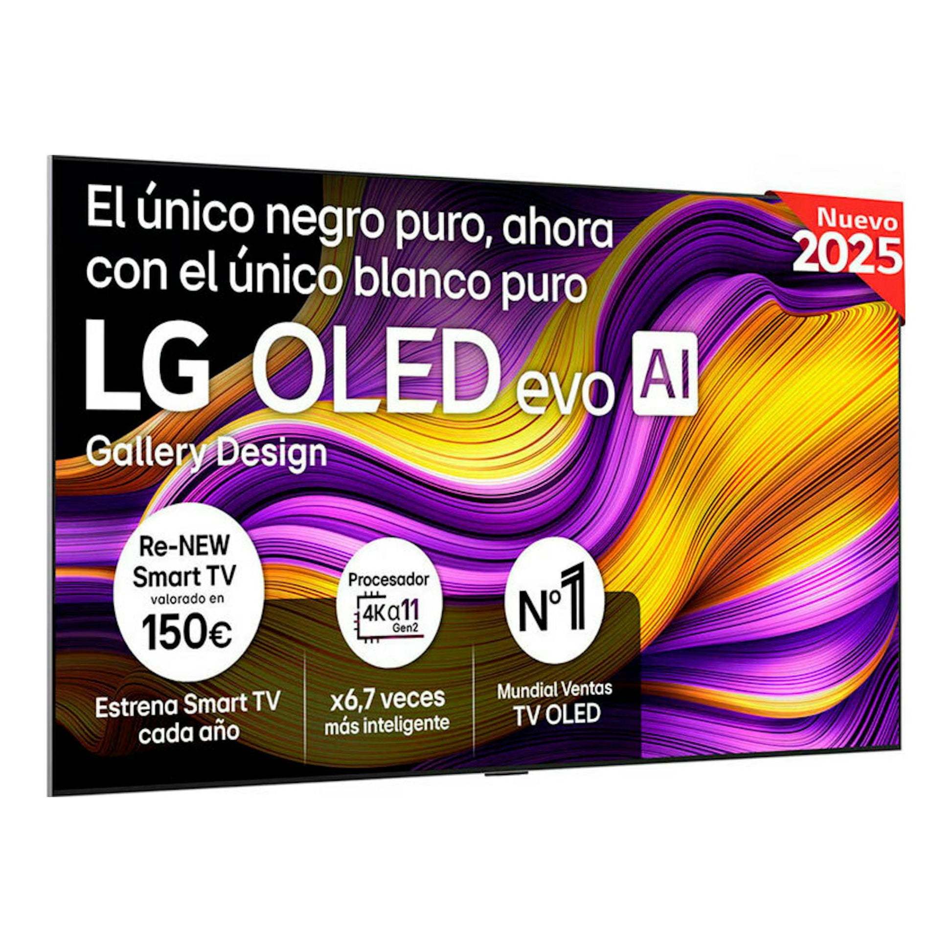 Televisor LG OLED evo Gallery Design, vista frontal en ángulo, con gráfico abstracto morado, naranja y negro.