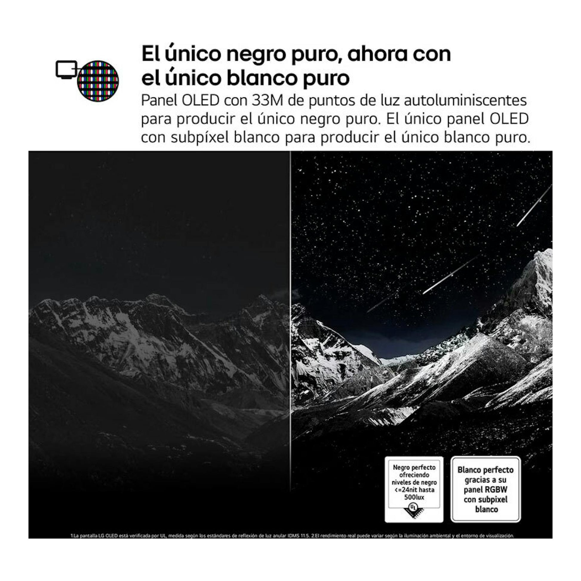 Gráfico promocional de LG OLED77G54LW con comparación de negro puro y blanco puro en un paisaje montañoso.