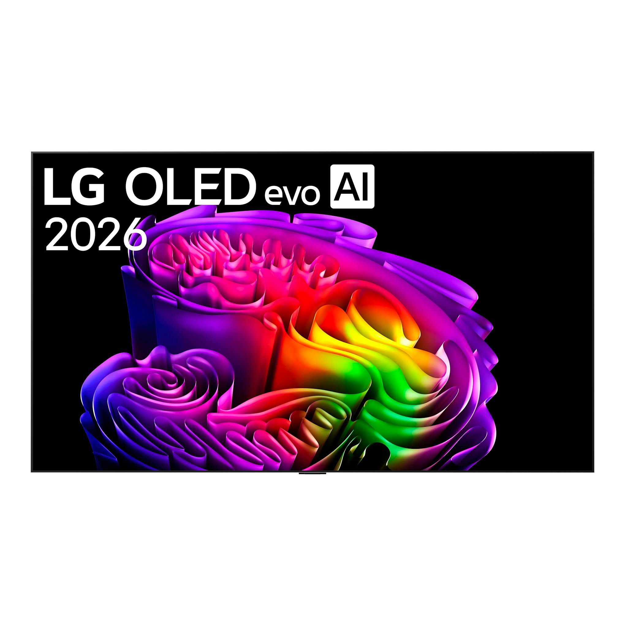 Televisor LG OLED evo AI 2026, vista frontal, pantalla negra con gráfico abstracto multicolor.