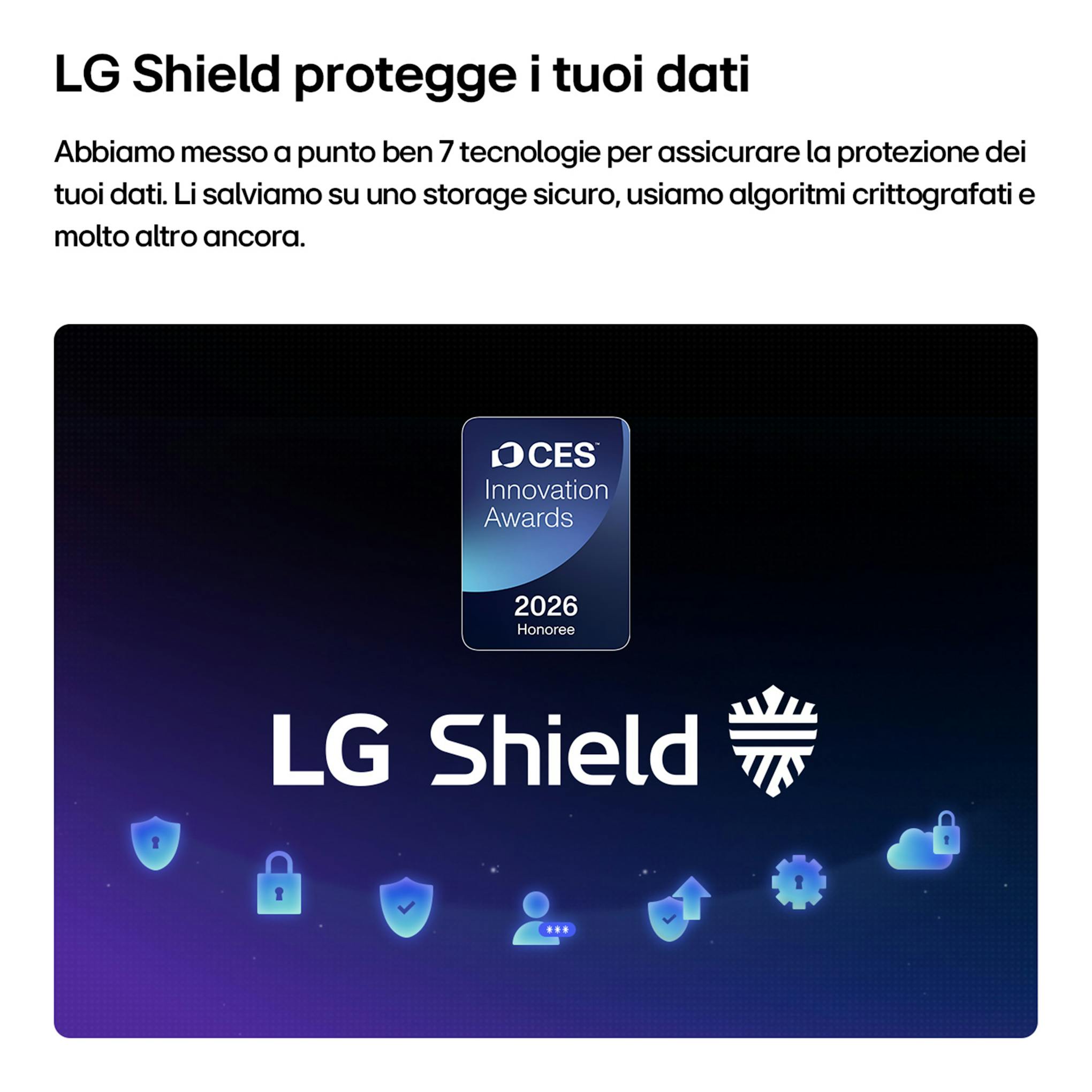 Gráfico promocional de LG Shield con texto sobre protección de datos y sello CES Innovation Awards 2026.