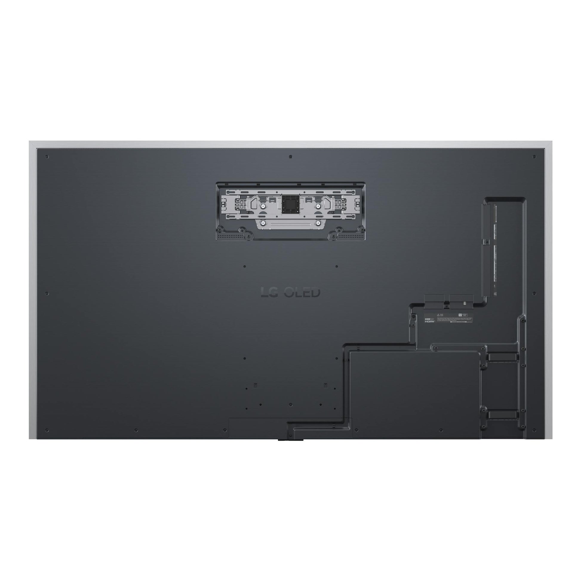 Vista trasera de un televisor LG OLED77G64LW.AEU negro, con soporte VESA y panel de conexiones.