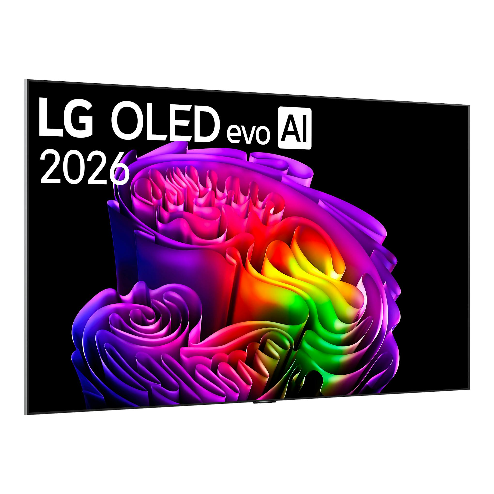 Televisor LG OLED evo AI 2026, vista frontal inclinada, pantalla negra con gráfico abstracto multicolor.