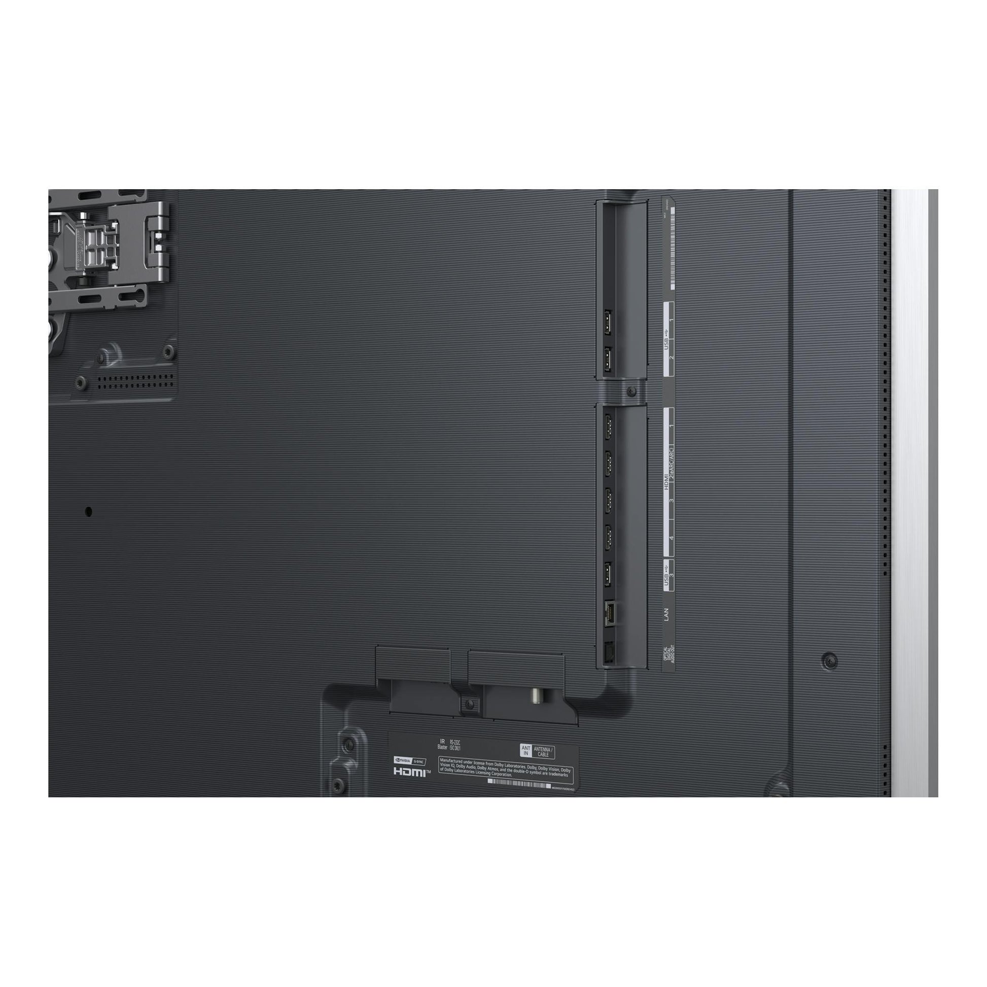 Parte trasera de TV OLED LG OLED77G64LW.AEU negra, con puertos HDMI, USB y soporte mural.