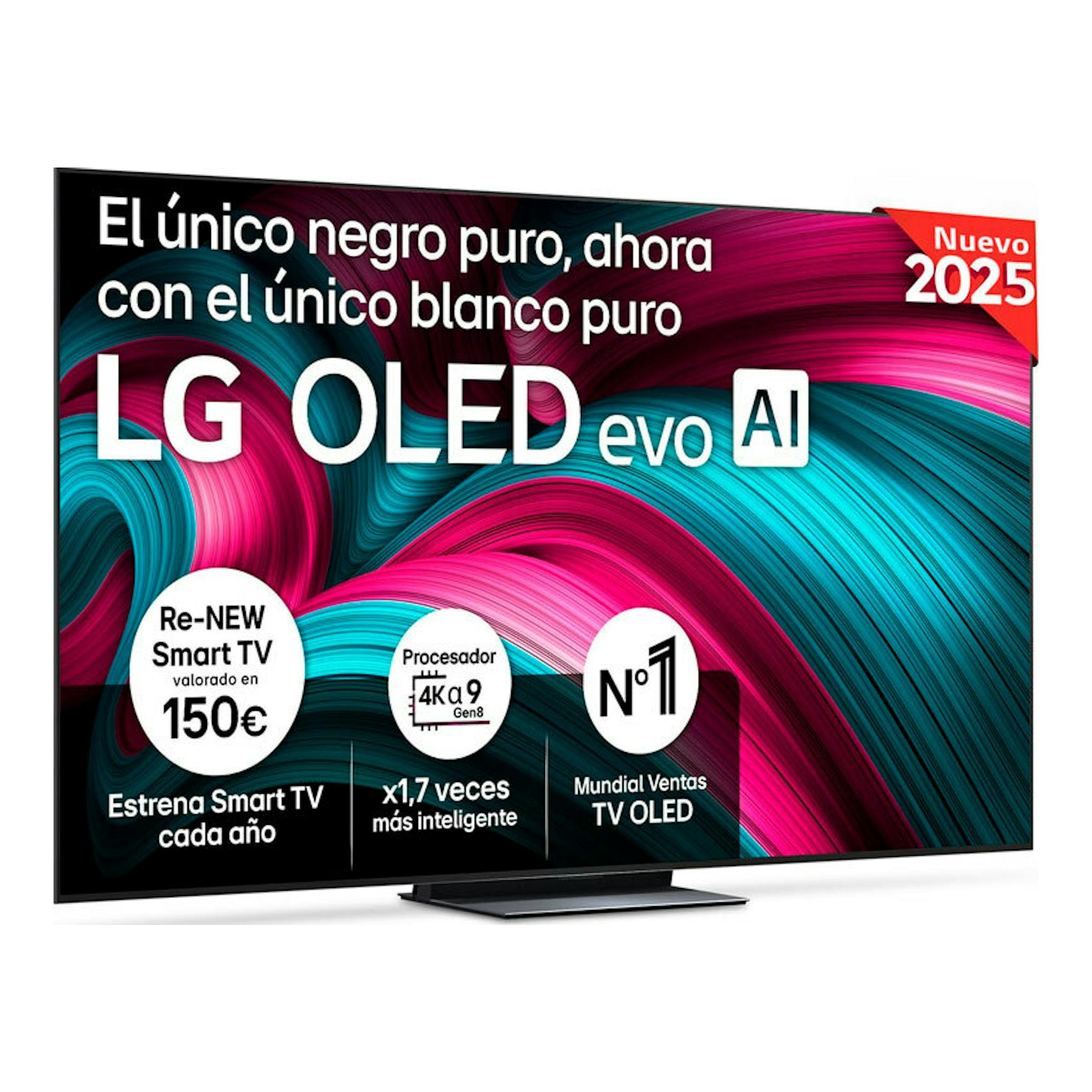 Televisor LG OLED83C54LA OLED evo AI 2025, vista frontal, pantalla negra con base central.