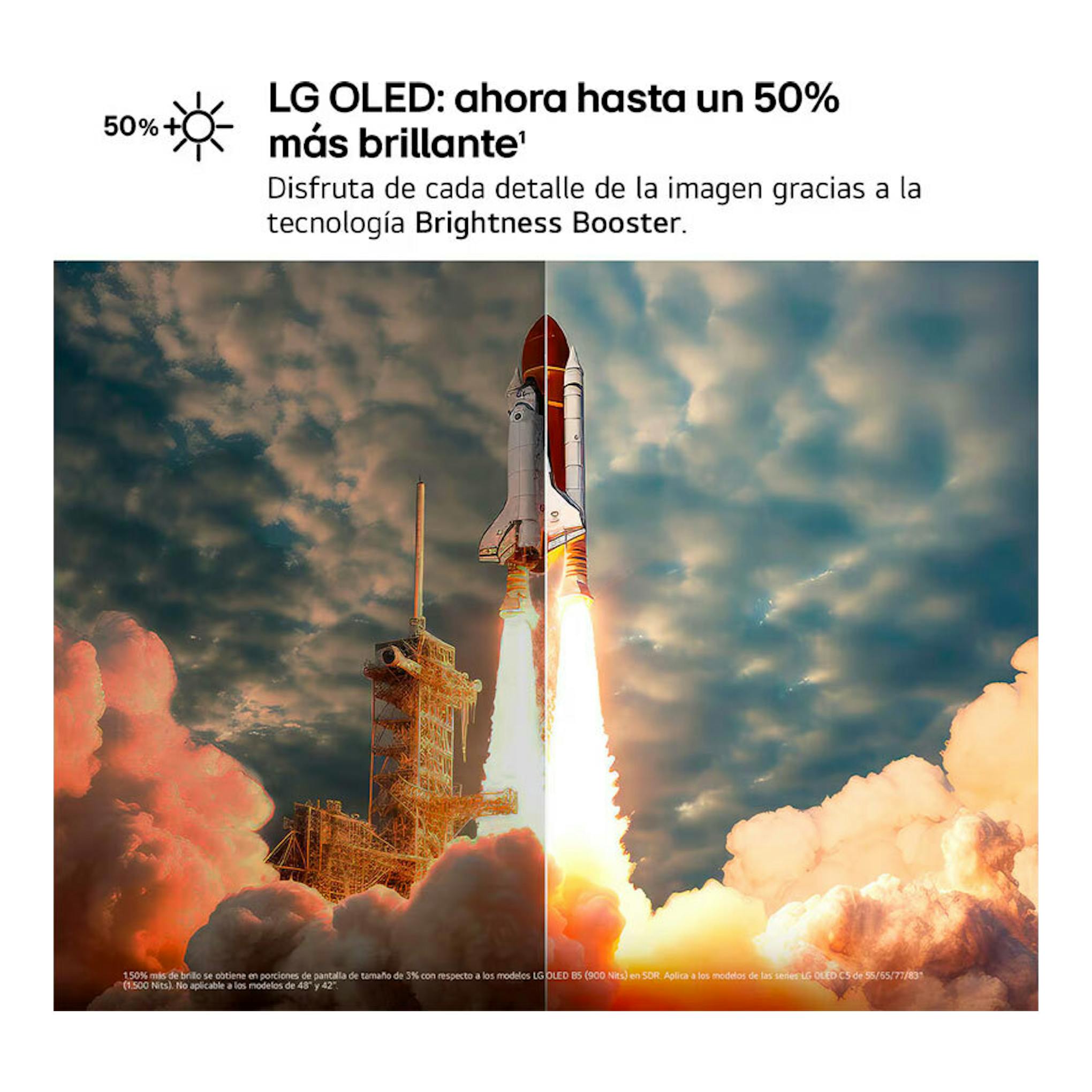 Anuncio de LG OLED: cohete despegando en pantalla dividida, comparación de brillo y cielo nublado.