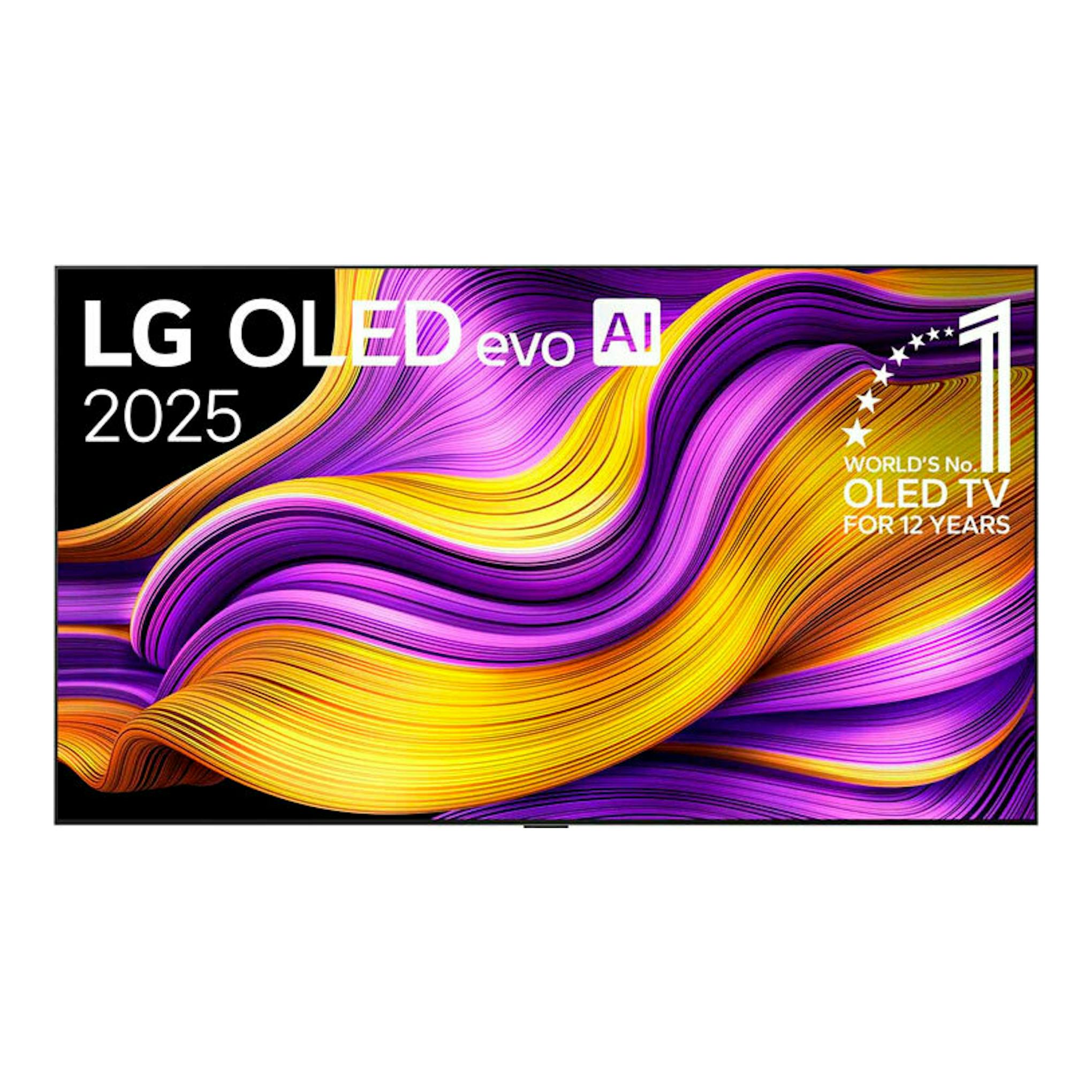 TV LG OLED83G54LW OLED evo AI, vista frontal, pantalla con ondas abstractas moradas, amarillas y naranjas.