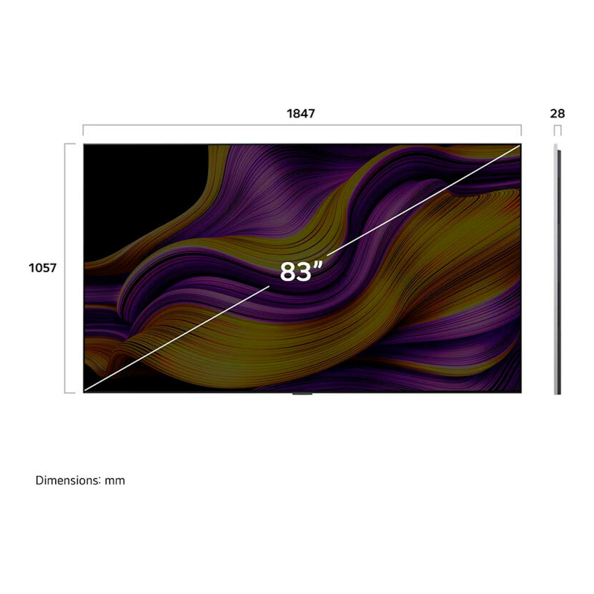 LG OLED83G54LW, televisor OLED de 83 pulgadas, vista frontal y lateral con medidas 1847 x 1057 x 28 mm.