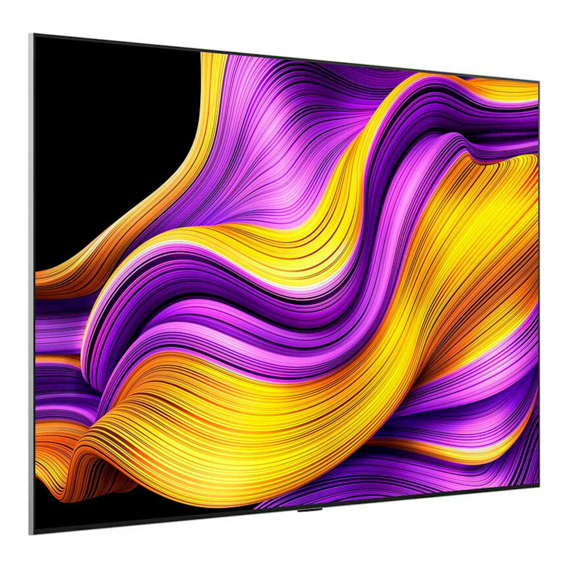 TV LG OLED83G54LW OLED evo 4K 83", vista frontal en ángulo, pantalla abstracta morada, amarilla y naranja.