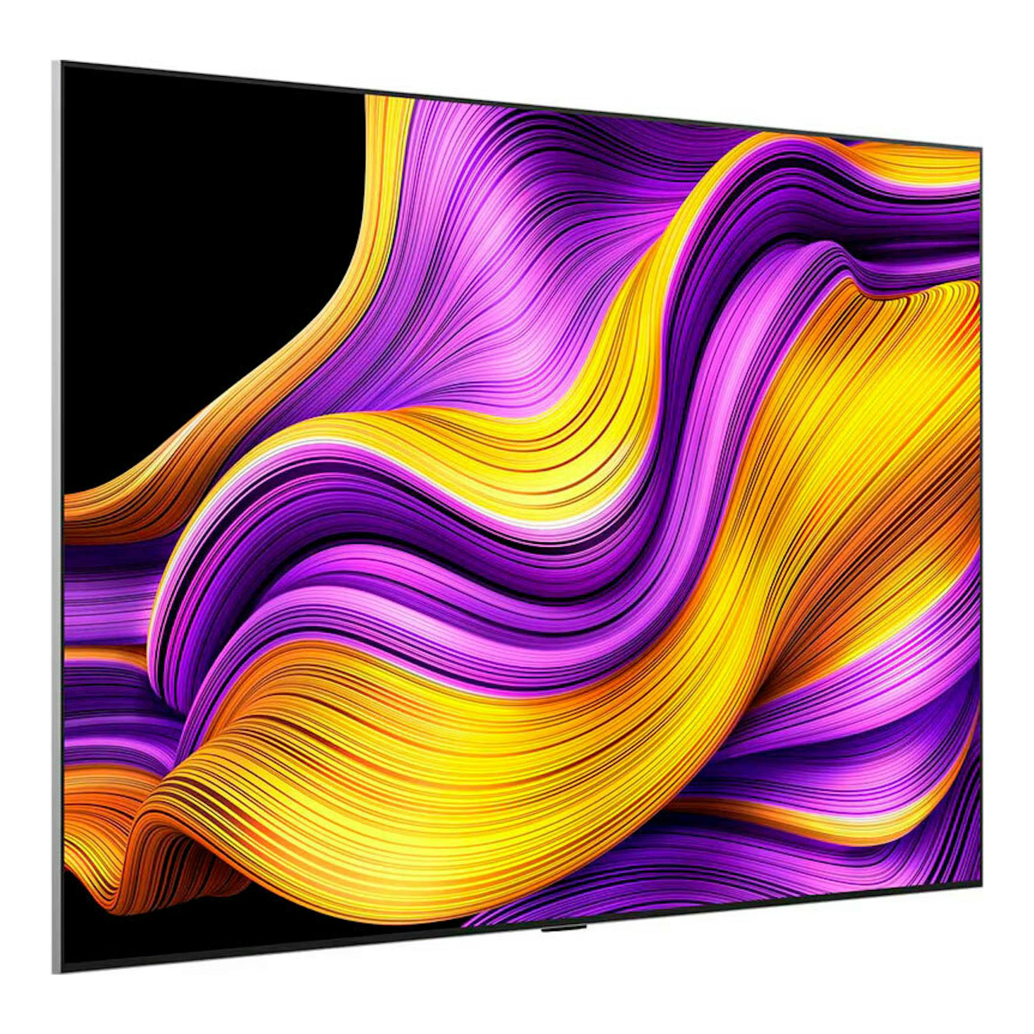 TV LG OLED83G54LW OLED evo 4K 83", vista frontal en ángulo, pantalla abstracta morada, amarilla y naranja.